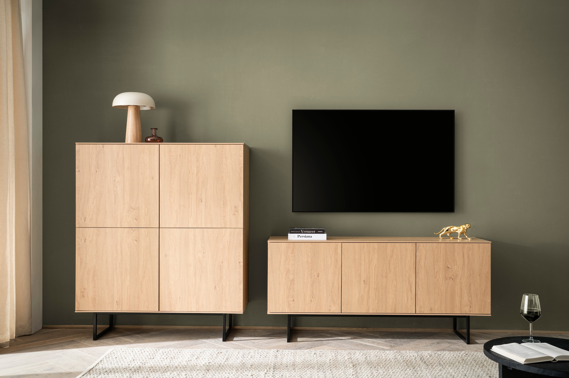 Home affaire Wohnwand »Lund, moderne Anbauwand, Wohnzimmer-Set in Stone Oak«, (2 St.), enthält Lowboard und Highboard