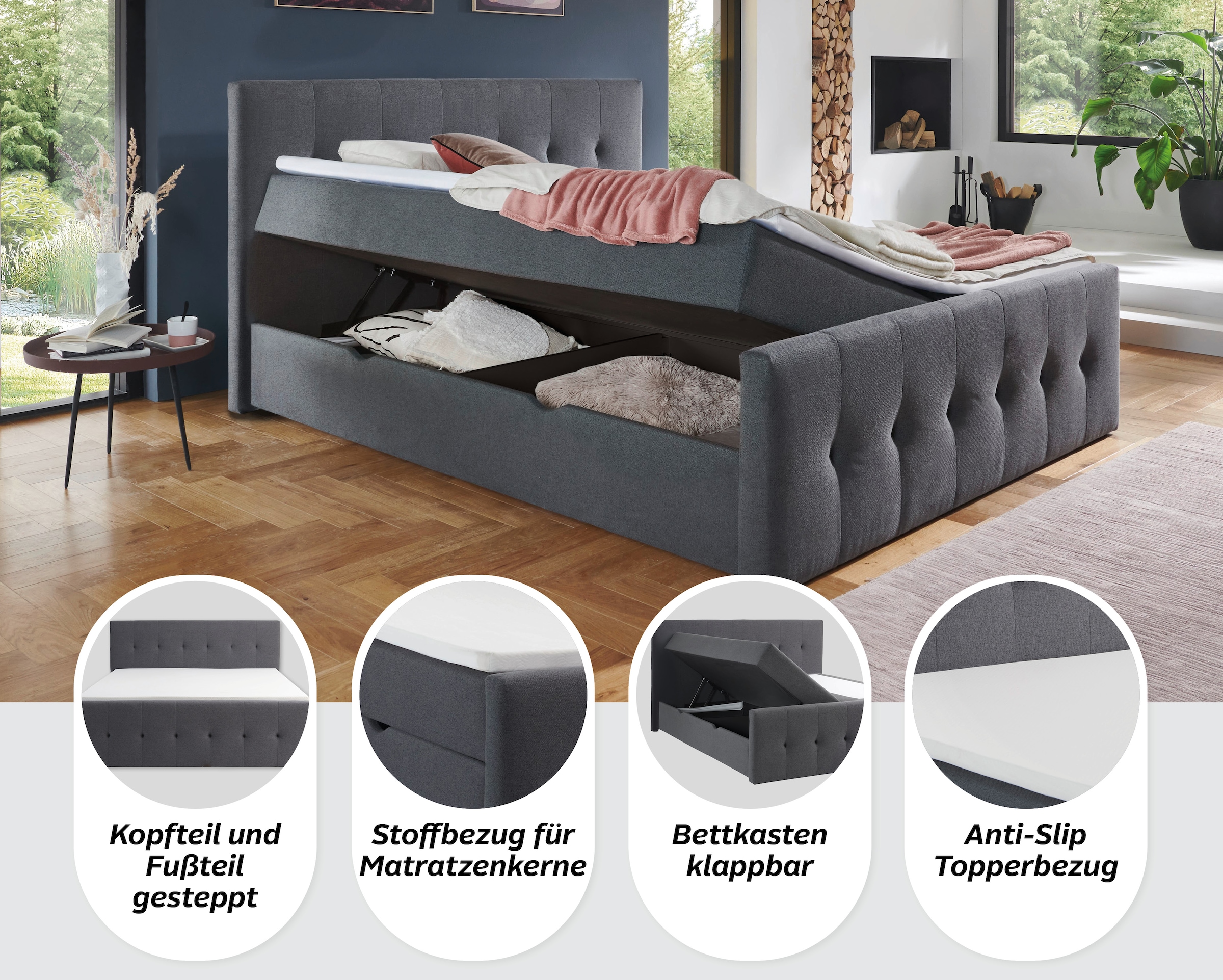 INOSIGN Boxbett »Tessaja, inkl. Bettkasten, in der Breite 180x200cm erhältlich« Kopf- und Fußteil gesteppt, inkl. Anti-Slip-Topper