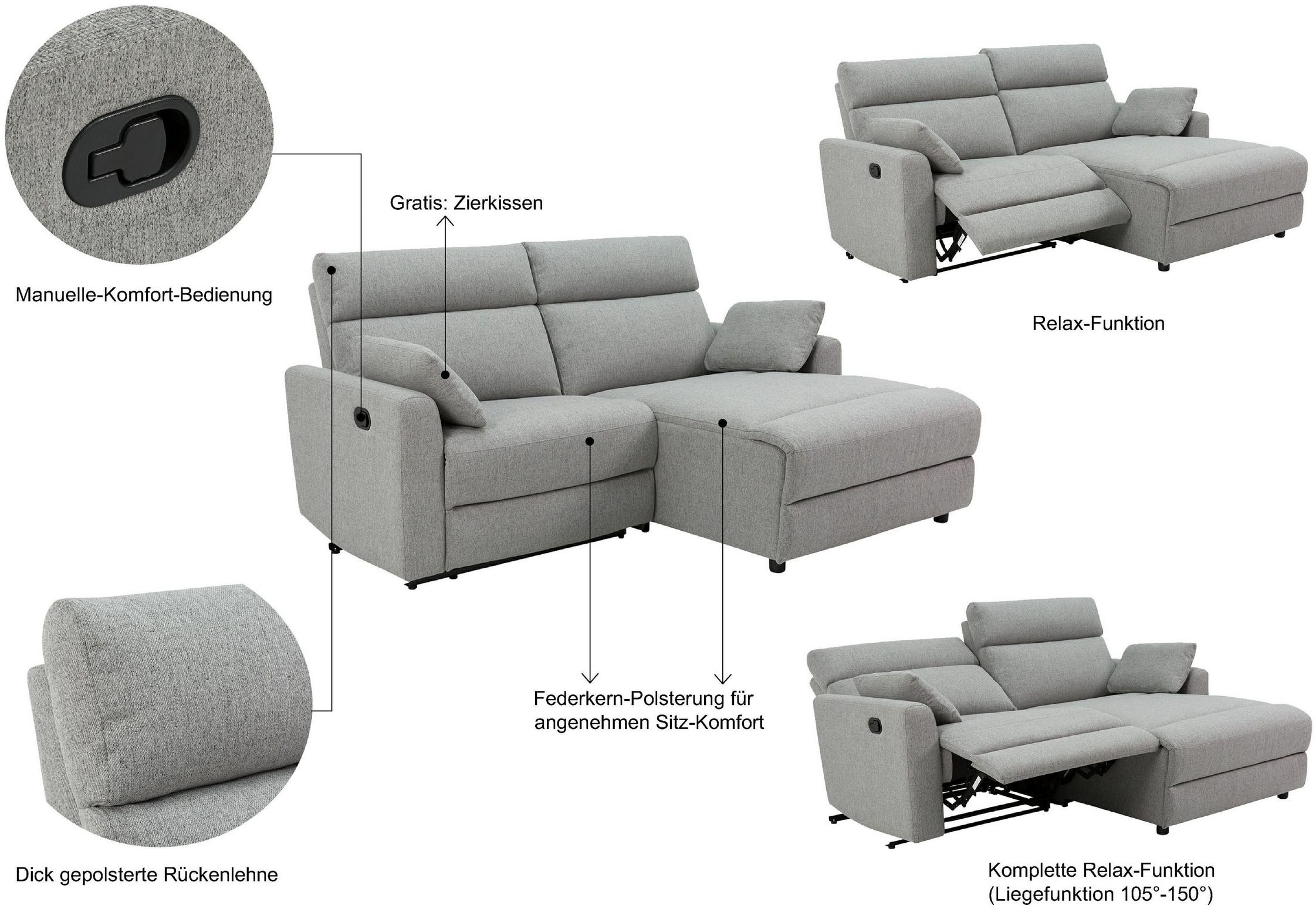 INOSIGN Ecksofa »JENNA, L-Form, 209cm, manuelle u. elektrische Funktion, mit USB A/C,«, Liegefunktion 105°-150°, Federkern, Cord