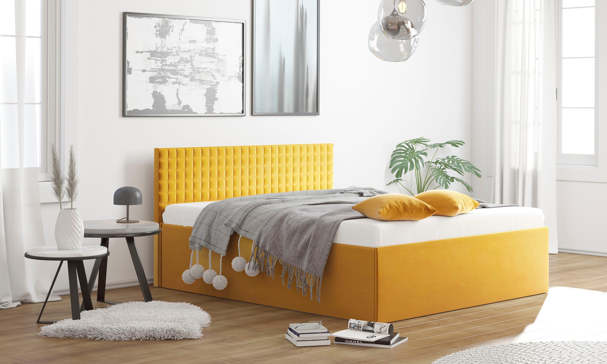 Westfalia Schlafkomfort, Polsterbett mit Bettkasten bei Ausführung mit Matratze, sonnengelb, Liegefläche Länge Breite: 200 cm x 180 cm - Samtvelours, 