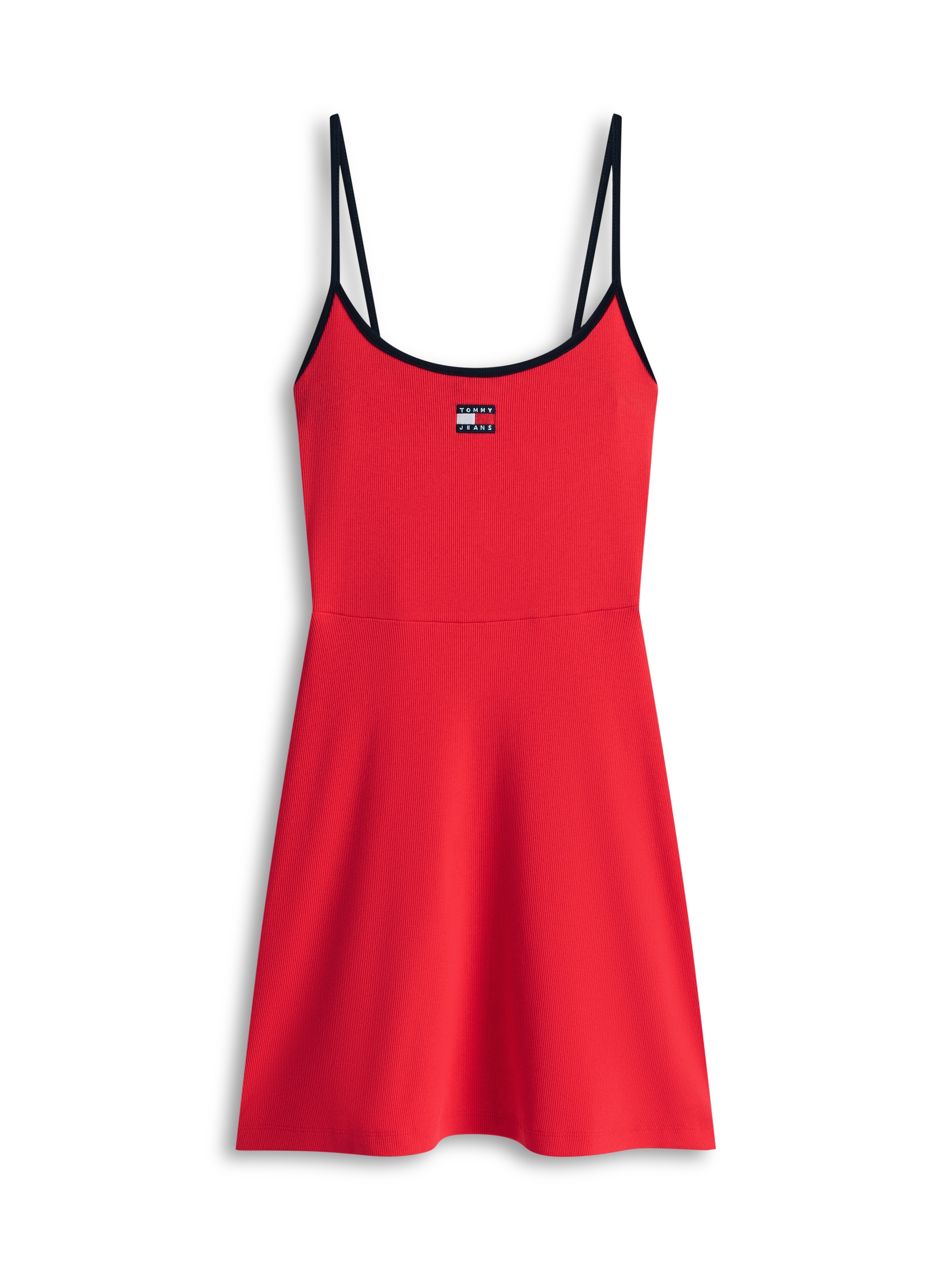 Tommy Jeans Spaghettikleid »TJW F&F STRAPPY BADGE DRESS« Fit and Flare, gerippt, mit Kontrastdetails