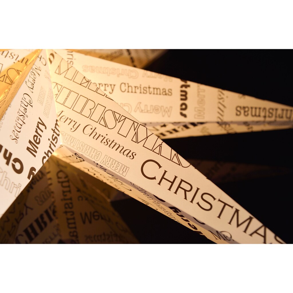 KONSTSMIDE Dekostern »Weihnachtsstern, Weihnachtsdeko«, (1 St.), weißer Papierstern, LED Stern, schwarz bedrucktem Text, 7 Zacken