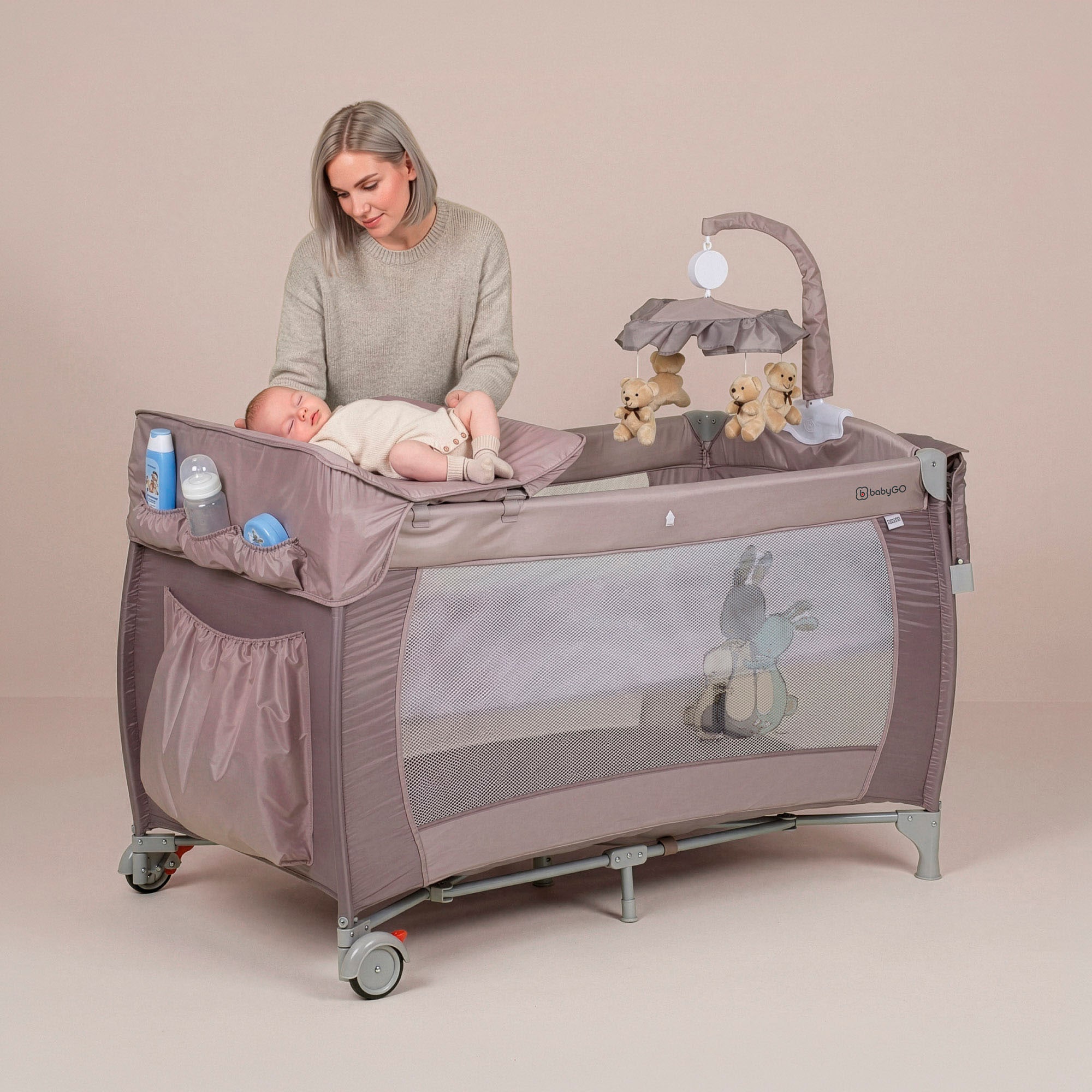 BabyGo Baby-Reisebett »Sleeper Deluxe, beige« mit Musik-Mobile