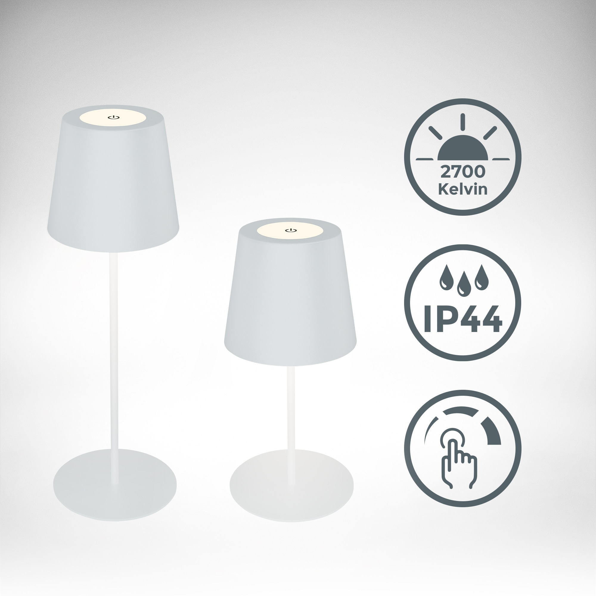 B.K.Licht Außen-Tischleuchte »BK_TL1594 Akku LED Tischlampe, 3-Stufen Touchdimmer, mit USB« LED-Modul 1 Stk. Extra-Warmweiß 2.700 K, 200 Lm, 2,5W, IP44, 12h Leuchtdauer, 36 x 10,5 cm, Weiß