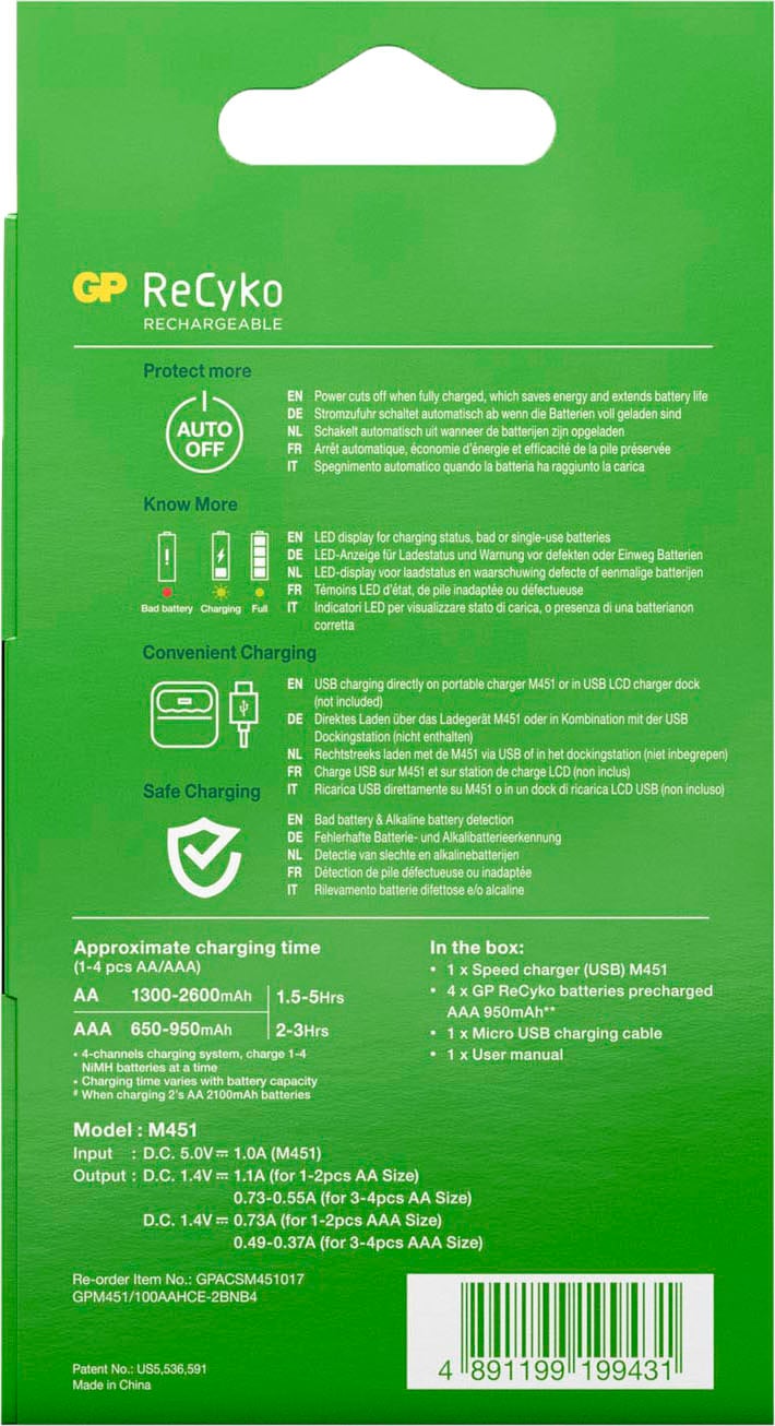 GP Batteries Batterie-Ladegerät »ReCyko Speed M451 4-fach NiMH mit 4 x AAA 950 mAh NiMH-Batterien«