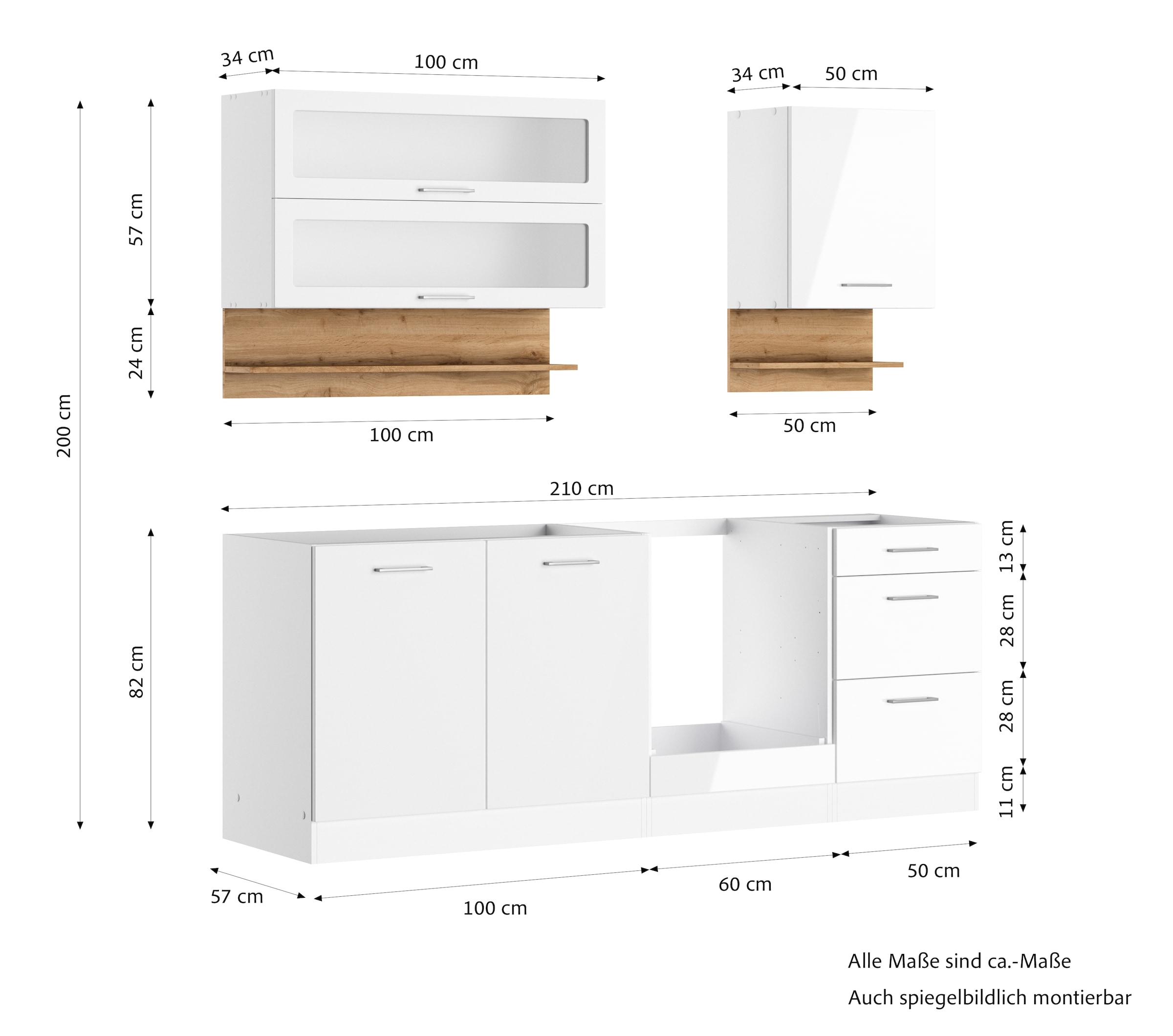 KOCHSTATION Küchenzeile »KS-Milan«, 210 cm breit, robuste Metallauszüge, viel Stauraum