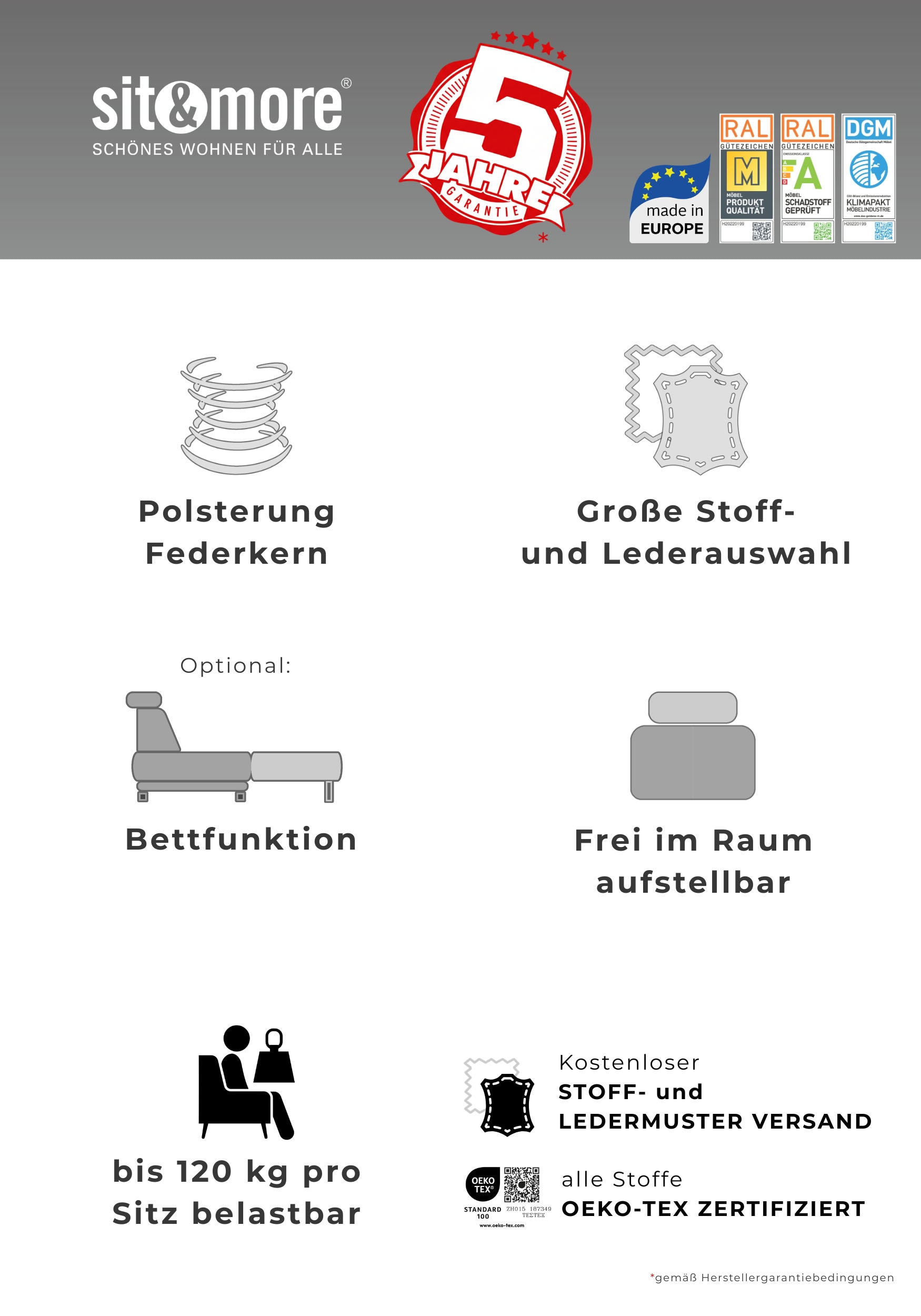 sit&more 3-Sitzer »Safira« inklusive komfortablem Federkern, wahlweise mit Schlaffunktion