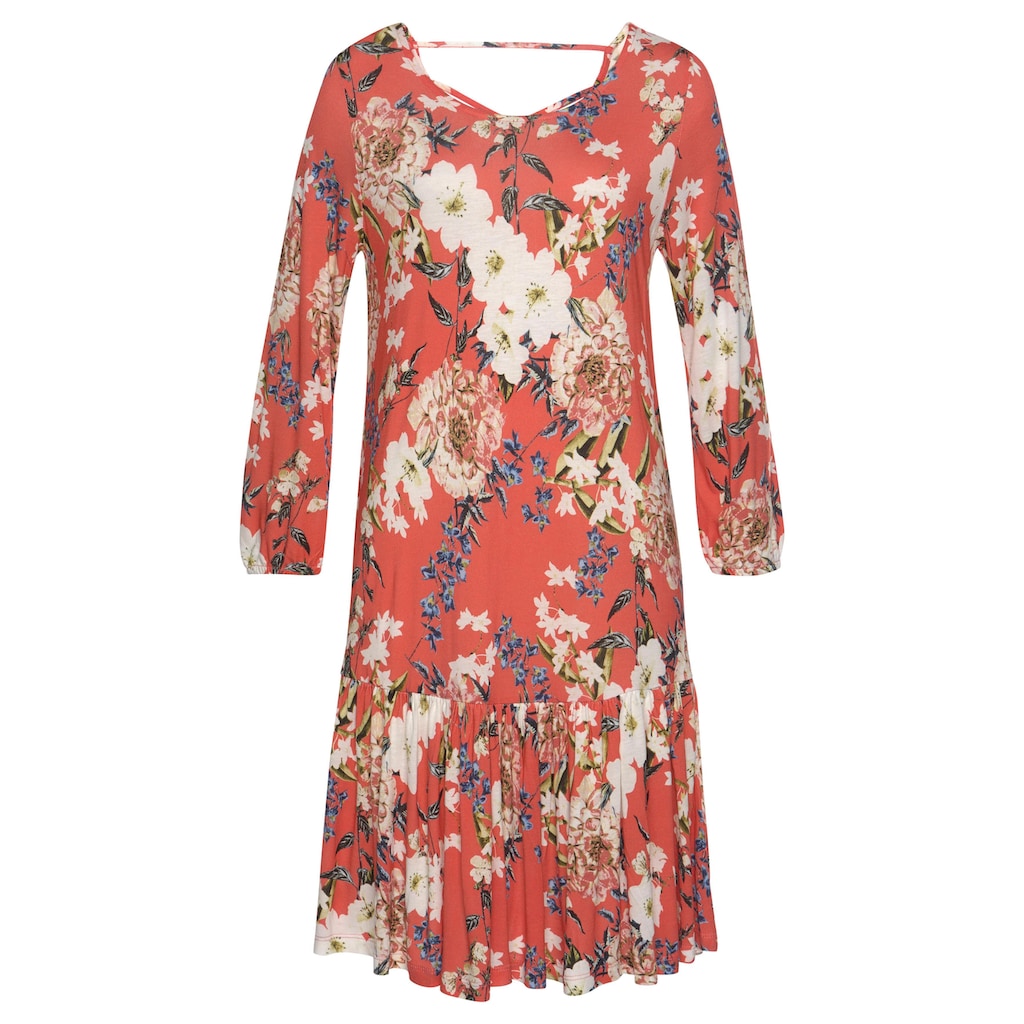 s.Oliver Jerseykleid, mit Blumenprint und Volantrock, 3/4-Ärmel, Sommerkleid, Strandkleid