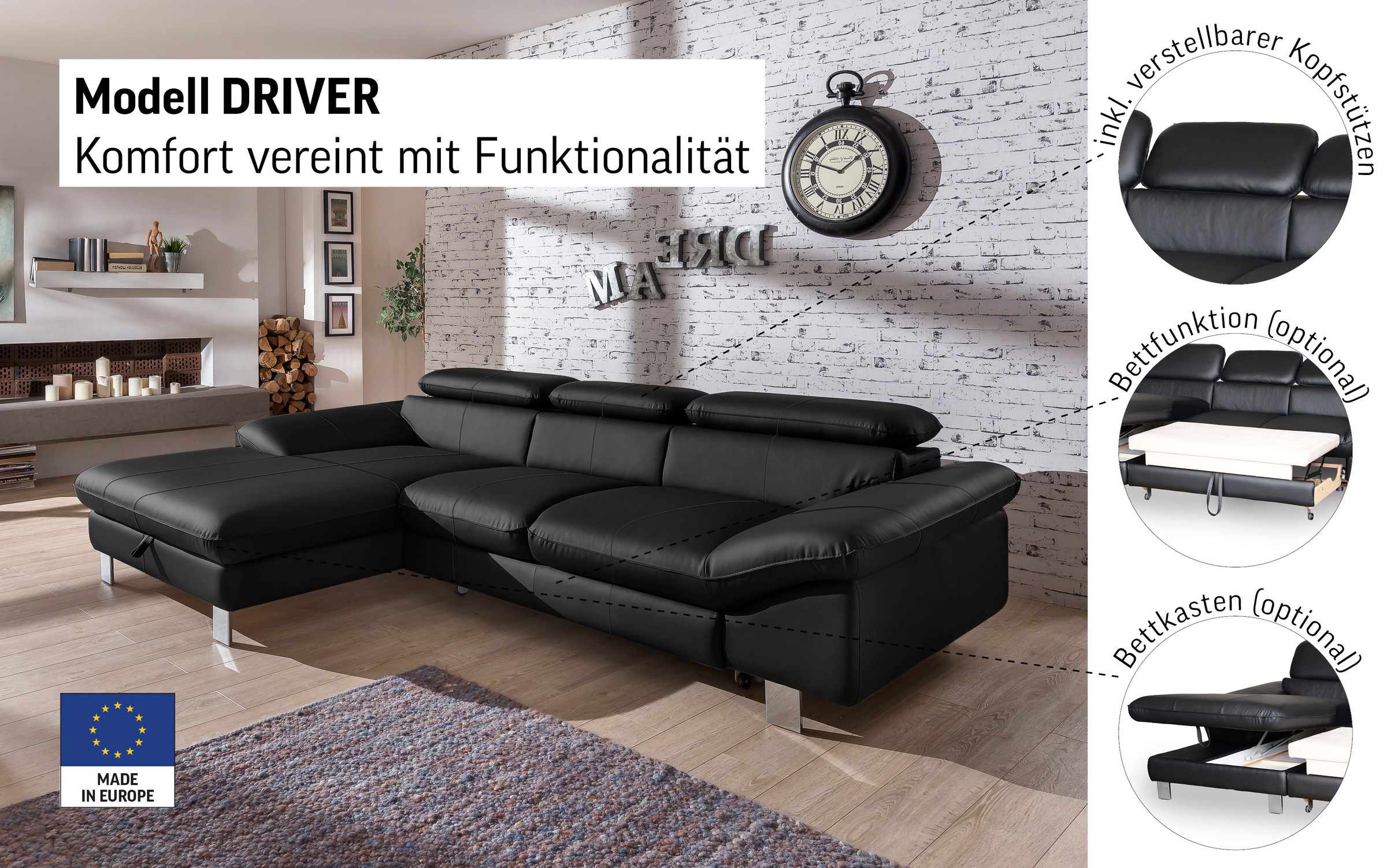 COTTA Ecksofa »Driver L-Form« mit Kopfteilverstellung, wahlweise mit Bettfunktion & Bettkasten