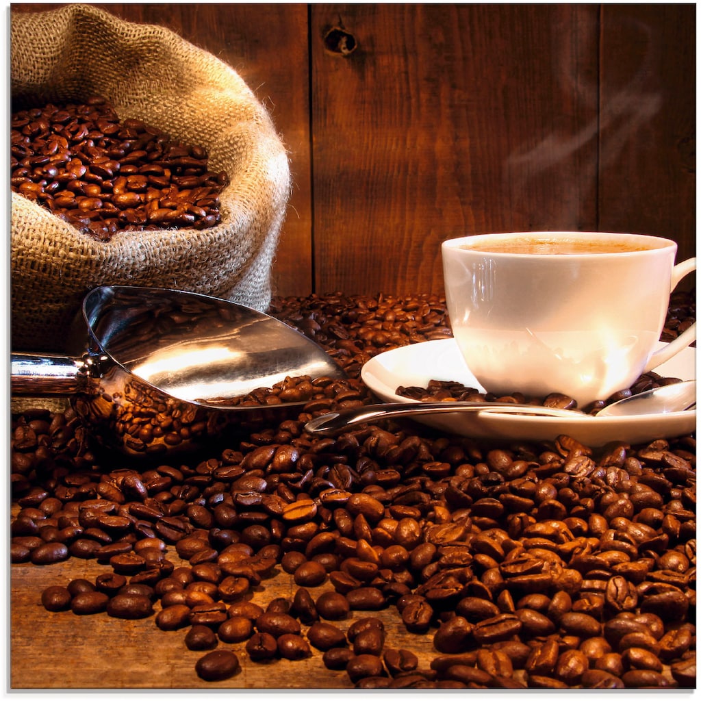 Artland Glasbild »Kaffeetasse und Leinensack auf Tisch«, Getränke, (1 St.)