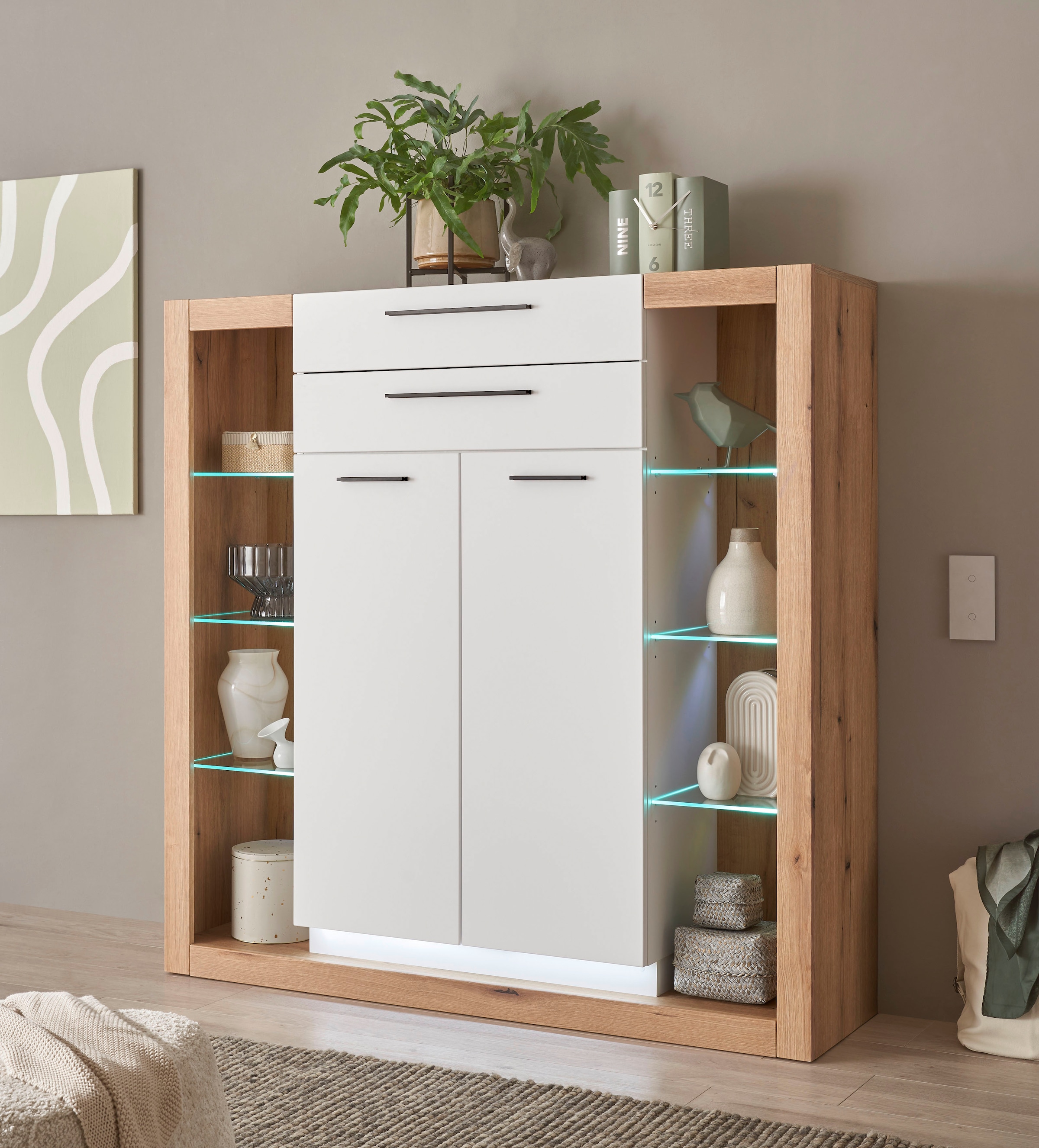 INOSIGN Highboard »Brixen, moderne Kommode, Stauraumelement in Eiche Evoke Dekor« Metallgriffe, ausreichend Stauraum, vielseitig einsetzbar