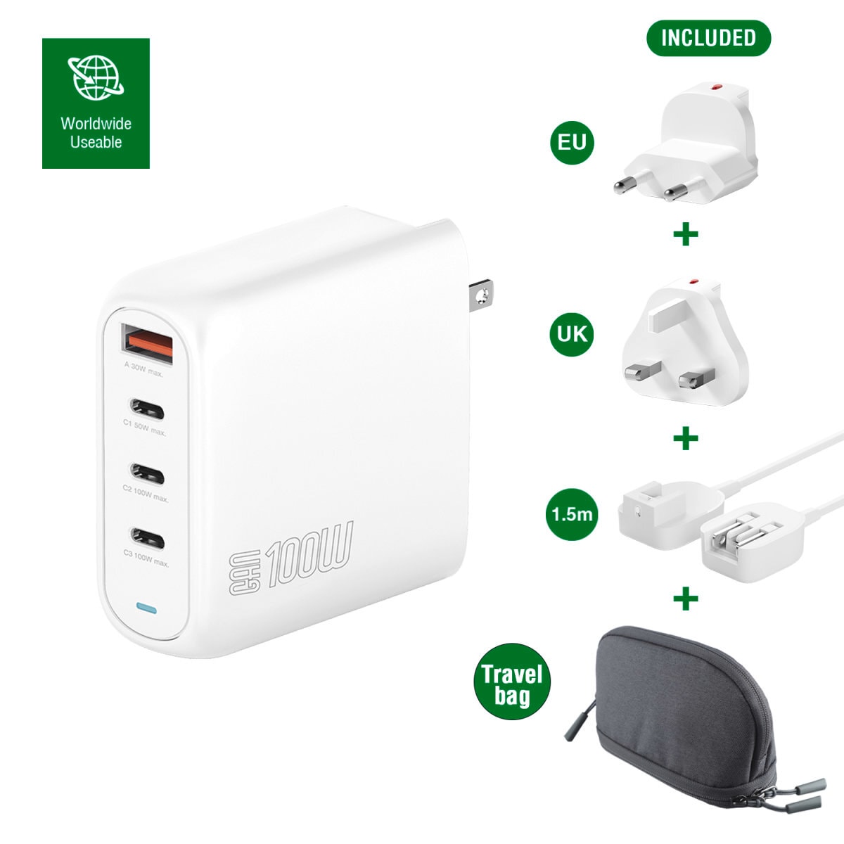 4smarts USB-Ladegerät »GaN Flex Pro 100W 3x USB-C + 1x USB-A, Travel Edition«, flexibel nutzbar mit EU-, UK- und US-Adaptern