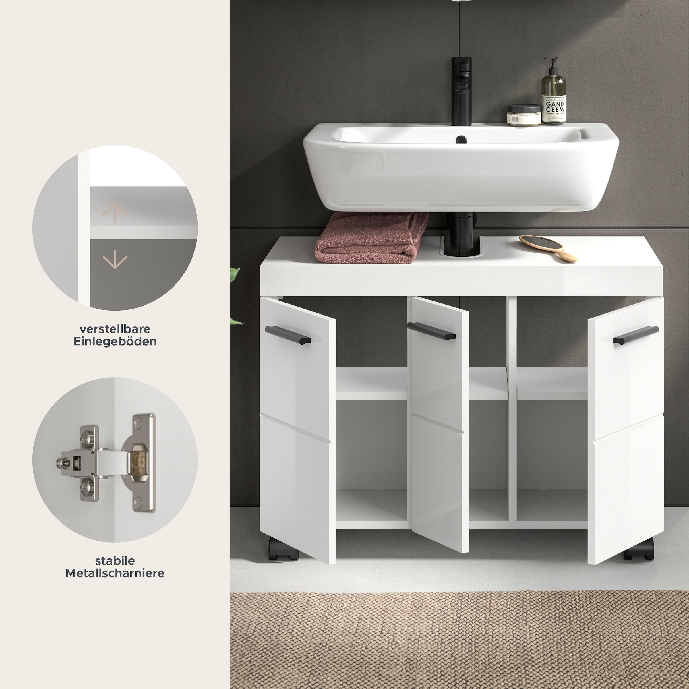 welltime Waschbeckenunterschrank »AVON, Breite 80 cm, 3 Türen, 3 Einlegböden, 6 Fächer« mit Siphonausschnitt 22x8 cm, Rückwand mit Ausschitt,  Badmöbel, Badschrank, Unterschrank, Waschtisch, Kommode, Bad