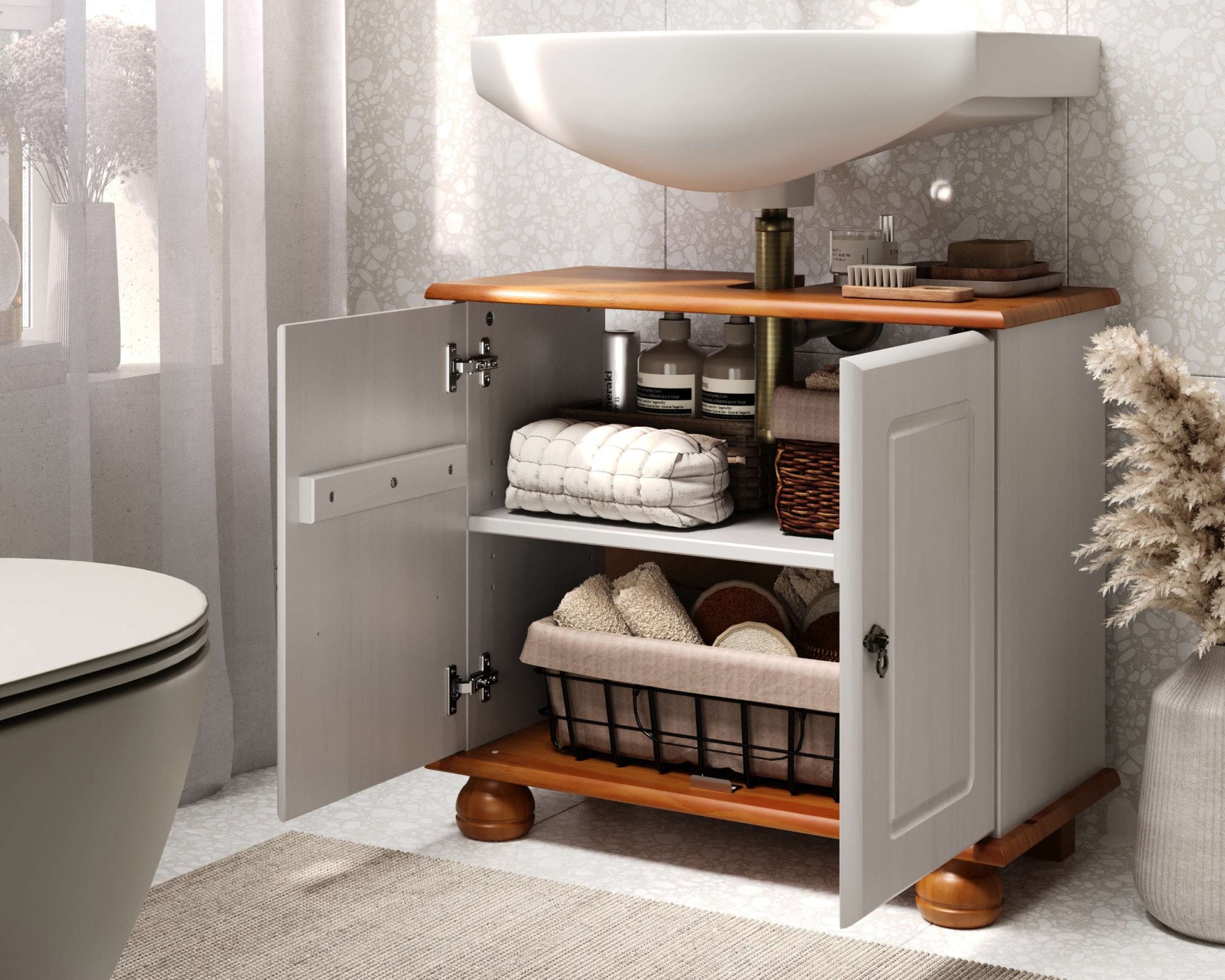 OTTO home Waschbeckenunterschrank »Finca« aus massivem Kiefernholz, Siphonausschnitt, Breite 62 cm, Höhe 55 cm