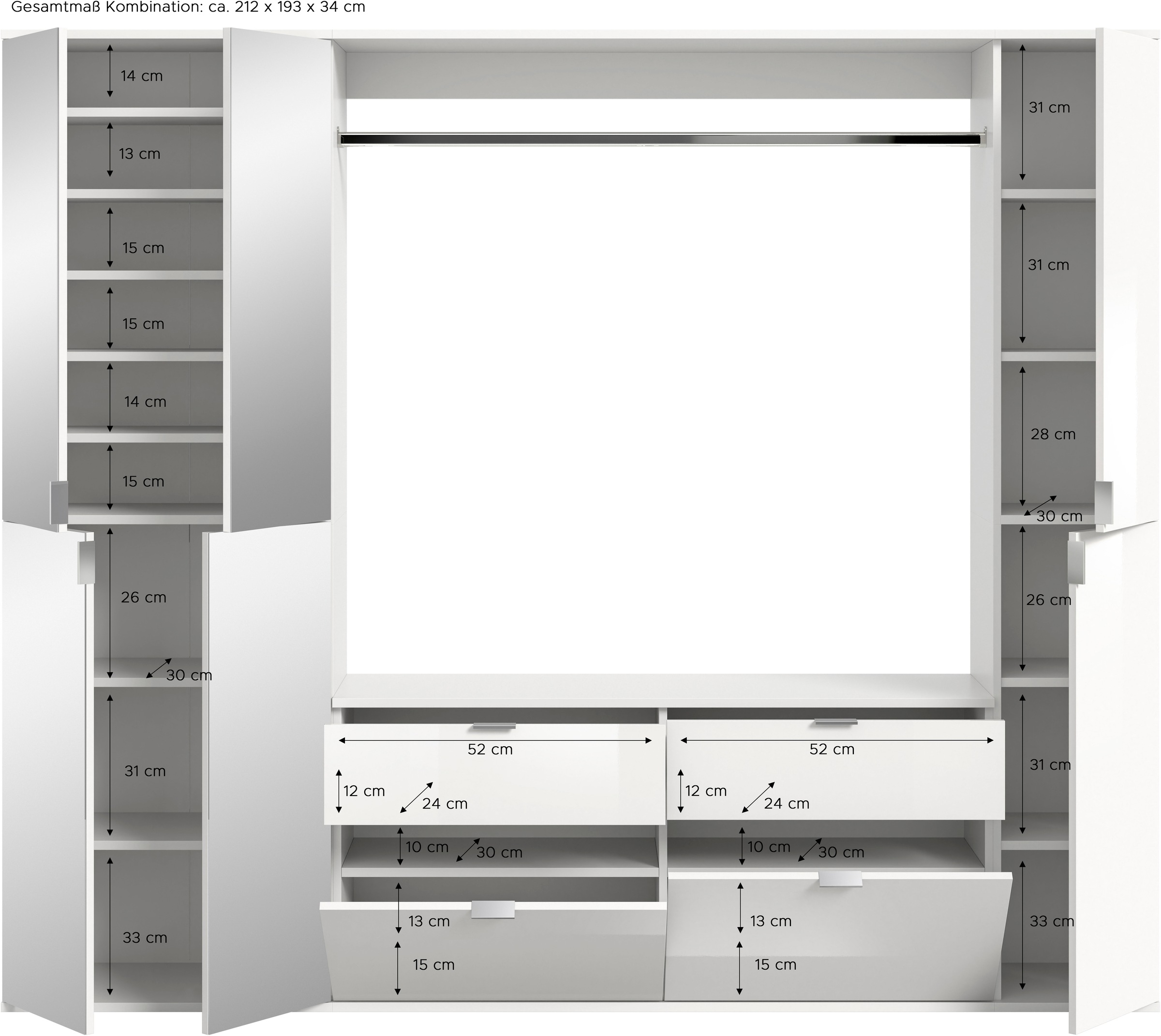 INOSIGN Garderoben-Set »Trondheim, Breite 212 cm, 5-teilig, bestehend aus:«, (Set, 4 St.), 2x Garderobenschrank, 1 Kommode, 1 Garderobenstange, 1 Ablageboden