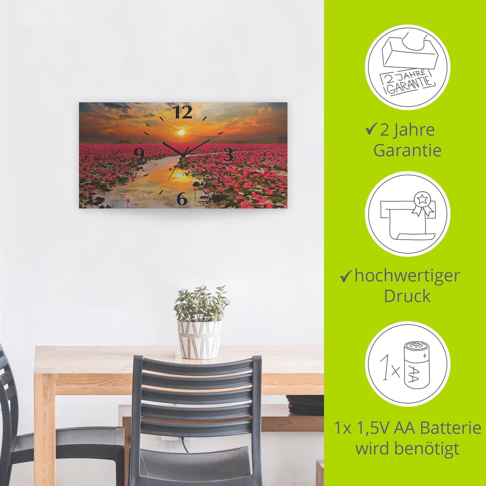 Artland Wanduhr »Sonnenschein blühende Lotusblume«, 3D Optik gebogen, mit Quarz- oder Funkuhrwerk, versch. Größen