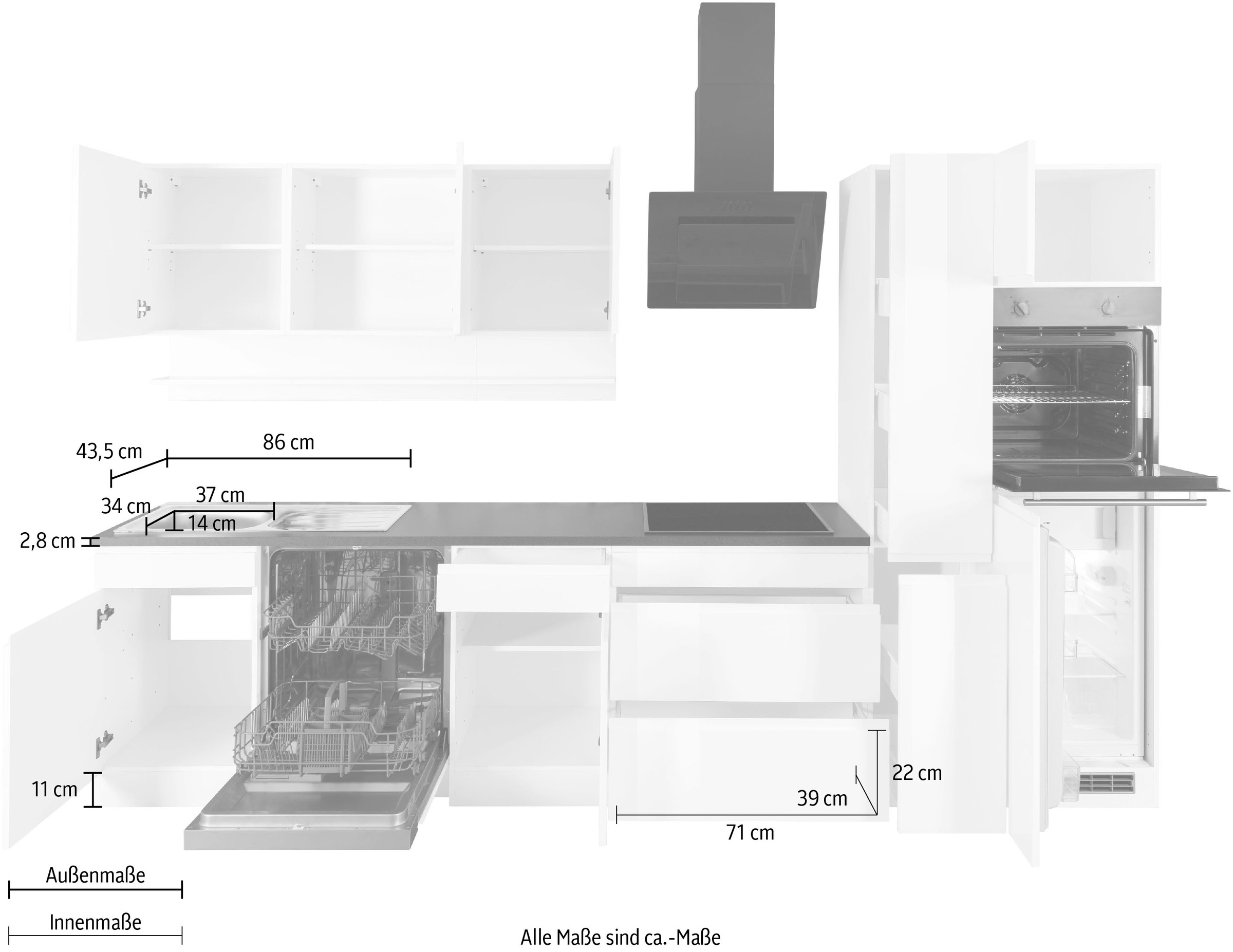 KOCHSTATION Küchenzeile »KS-Virginia,neu in verbesserter Ausführung« Arbeitsplatte 38 mm stark, Stauraum, Softclose,  Breite 330 cm, Soft-Close, ohne E-Geräte