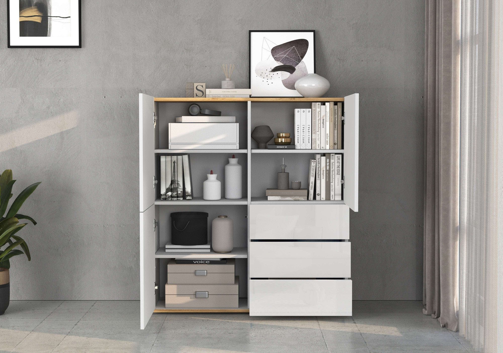 OTTO home Highboard »GARDA ,Kommode, Made in Italy, Breite 102 cm, Höhe 110 cm, grifflos« 1 Stk. tlg. Hochglanzlackierte Fronten, Korpus matt, grifflos