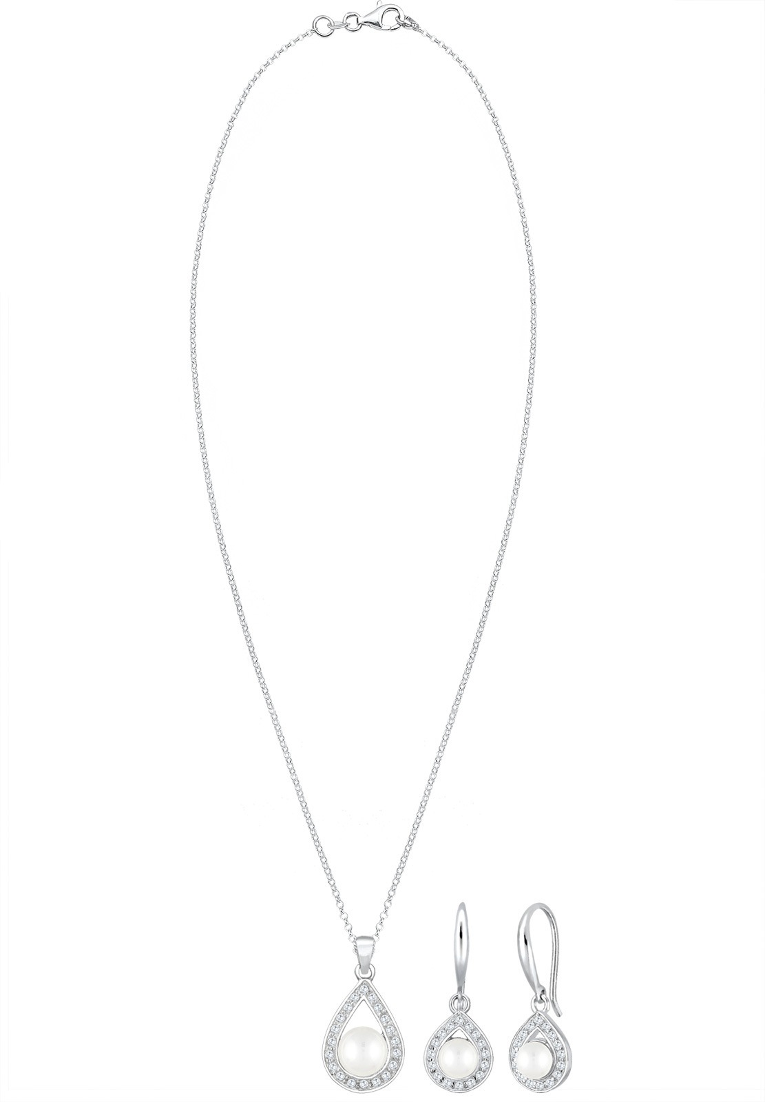 Elli Premium Ohrring und Ketten Set »Schmuckset Set Süßwasserzuchtperle Tropfen Zirkonia Weiß 925 Sterling Silber« ()