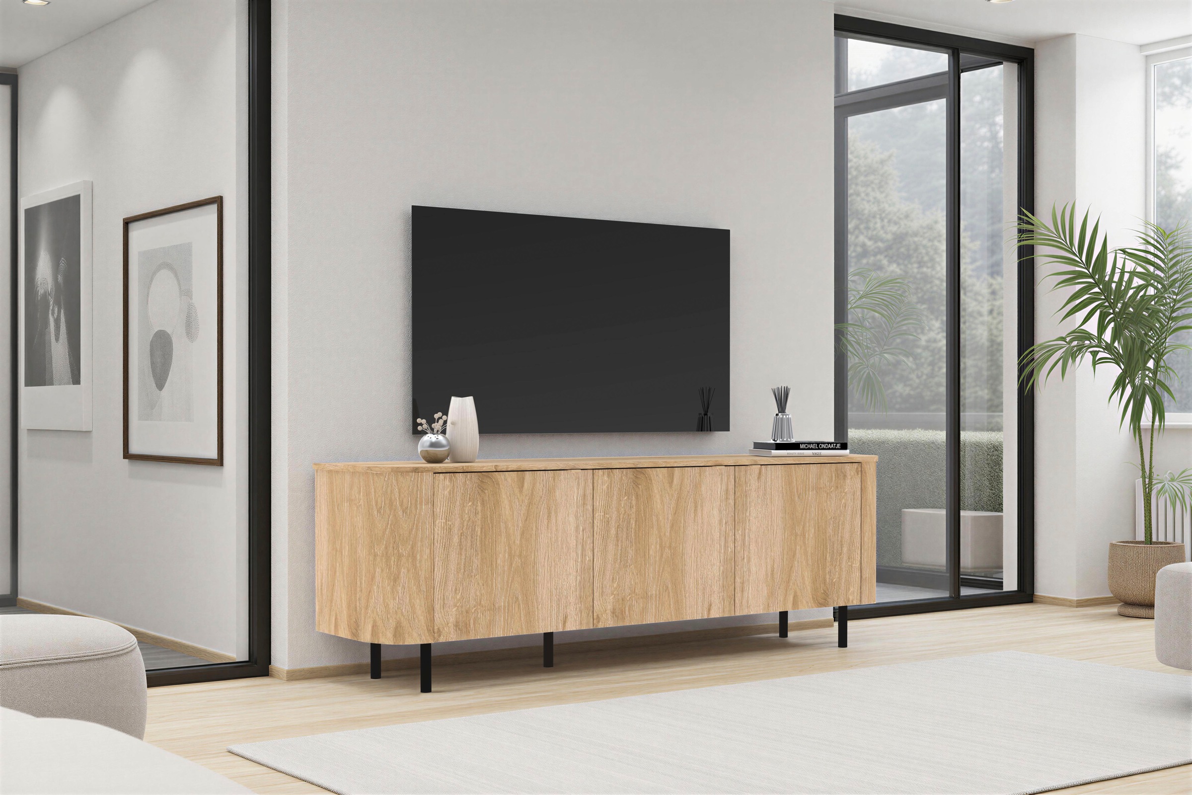 Home affaire Lowboard »Murano, 181 cm breit, 3 Türen, TV-Schrank, TV-Kommode, Medienboard« Formgebogenes MDF, Stirnseiten mit Rundung, Füße und Griffe aus Metall