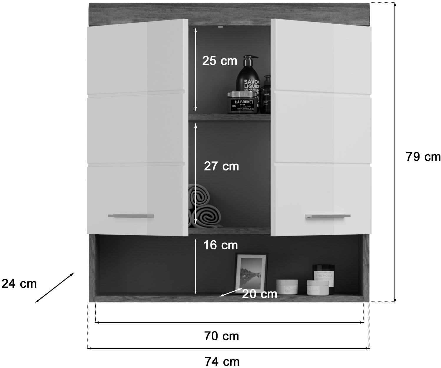 INOSIGN Hängeschrank »Siena, Breite 74cm, 2 Türen, 1 offenes Fächer, MDF-Front«, in verschiedenen Farben erhältlich, Badmöbel, Badschrank, Schrank, Bad