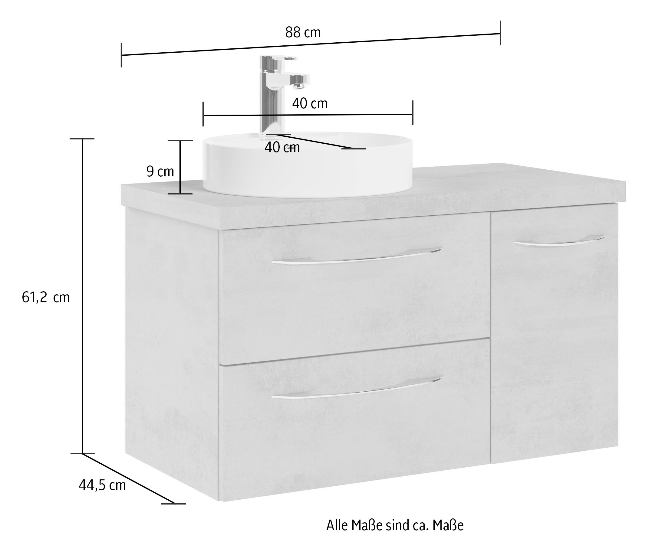 Saphir Waschtisch »Serie 4035 Keramik-Aufsatzbecken mit Unterschrank, 88 cm breit«, Waschplatz mit 4 Schubladen, Griffuge, Schneeweiß Glanz