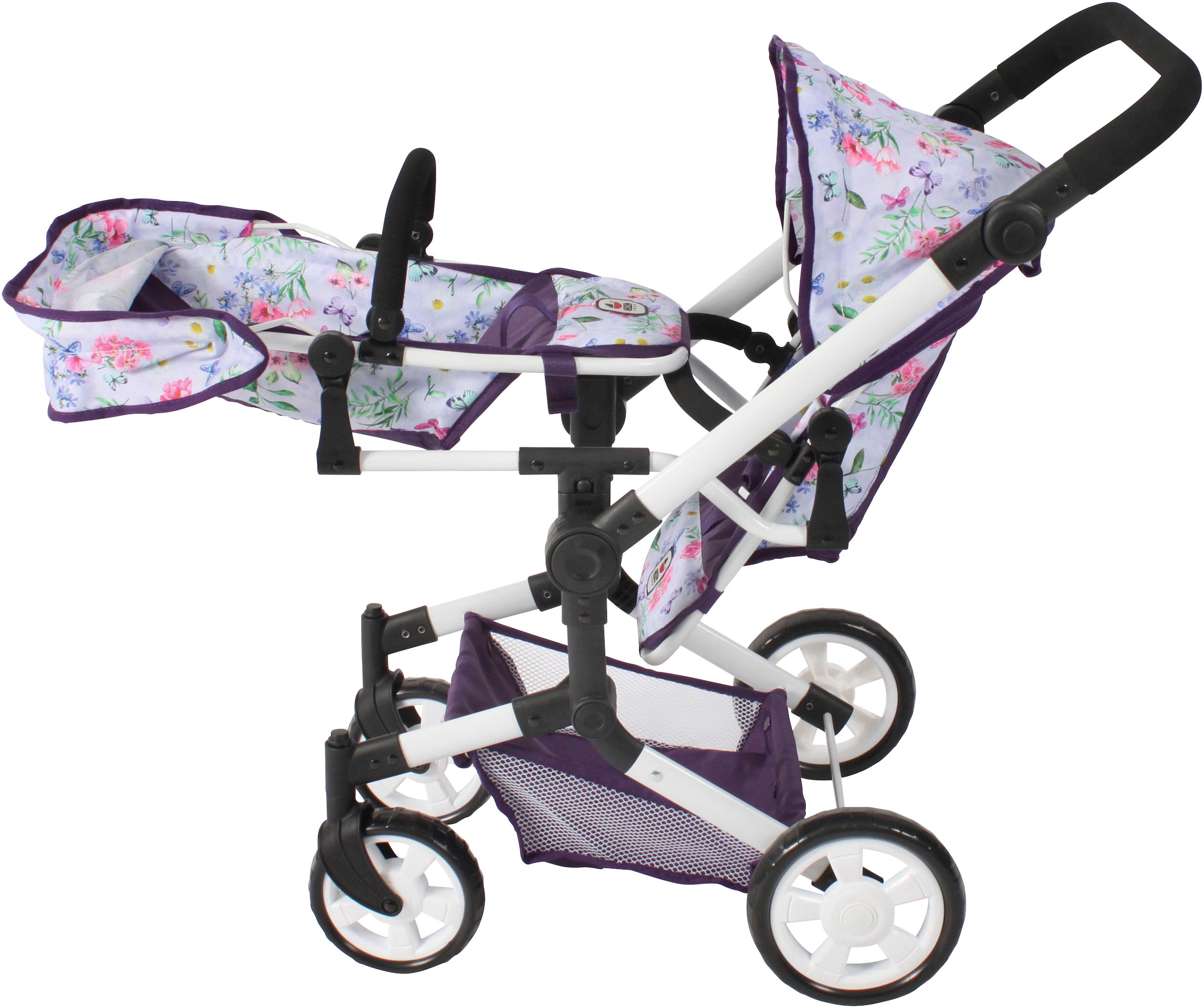 CHIC2000 Puppen-Zwillingsbuggy »Linus Duo, Flowers lila«, mit zwei abnehmbaren, bis in Liegeposition verstellbaren Sportsitzen