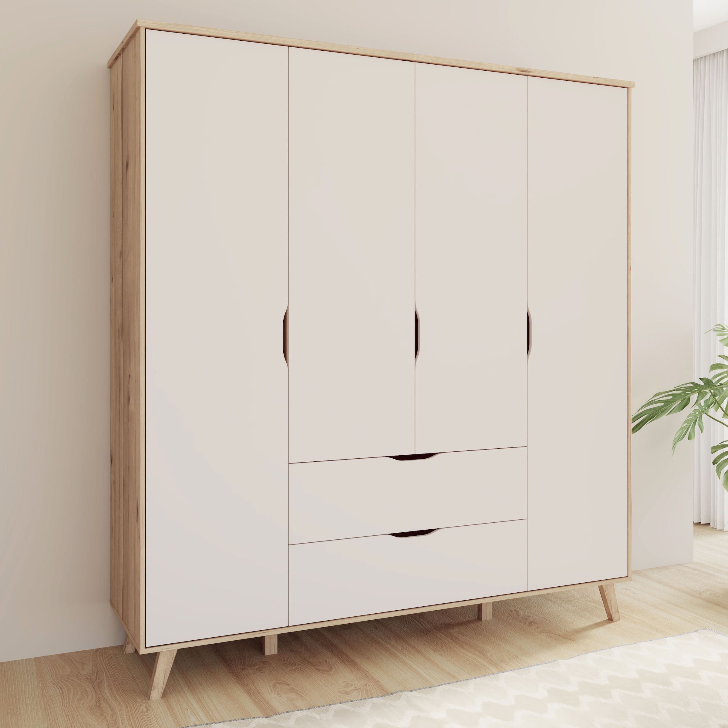 FORTE Kleiderschrank »Vankka, Drehtürenschrank, Viel Stauraum, skandinavischer Stil« Made in Europe, mit Einlegeböden+Kleiderstangen+Schubladen,grifflos