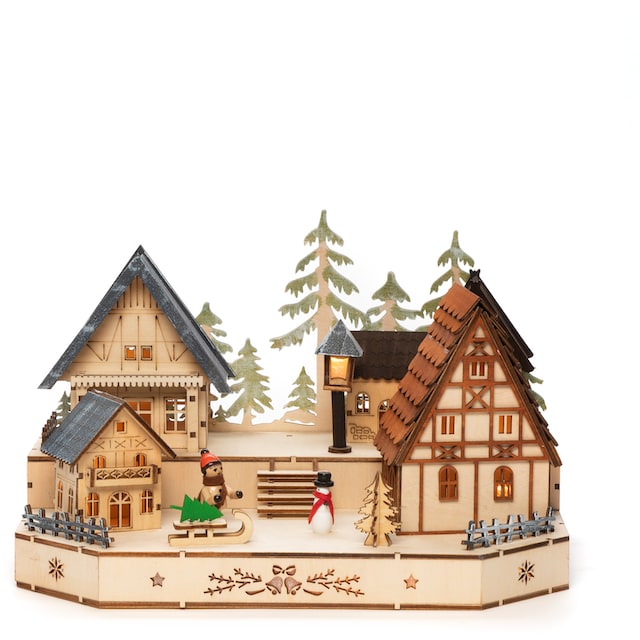 KONSTSMIDE Weihnachtsdorf »Weihnachtsdeko«, LED Holzsilhouette, Dorf mit  Schneemann, Kind und Schlitten online kaufen