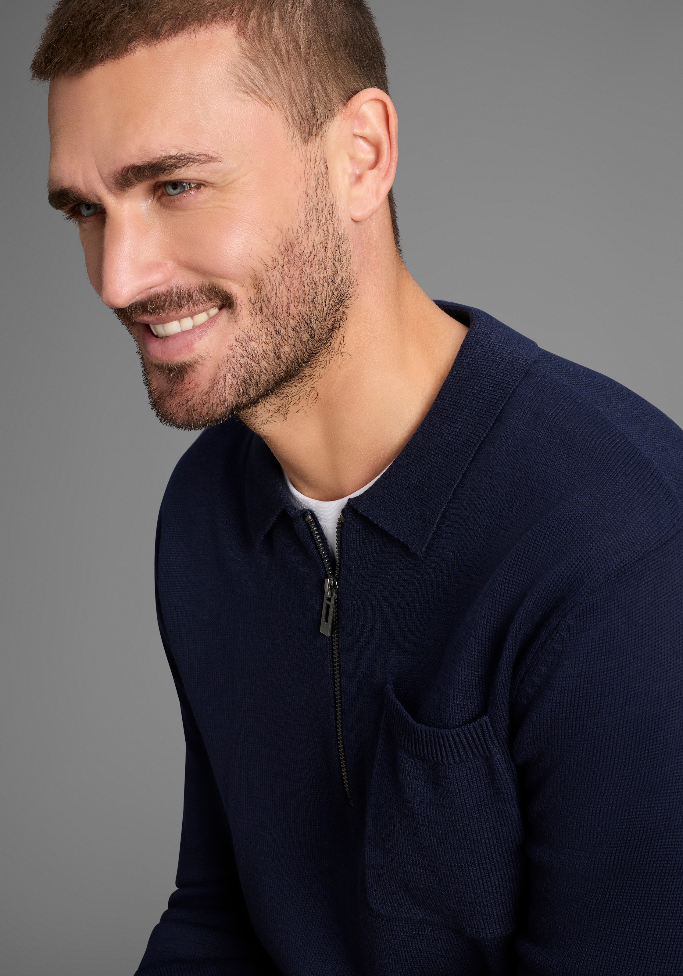 Bruno Banani Strickpullover mit Reißverschluss und Brusttasche