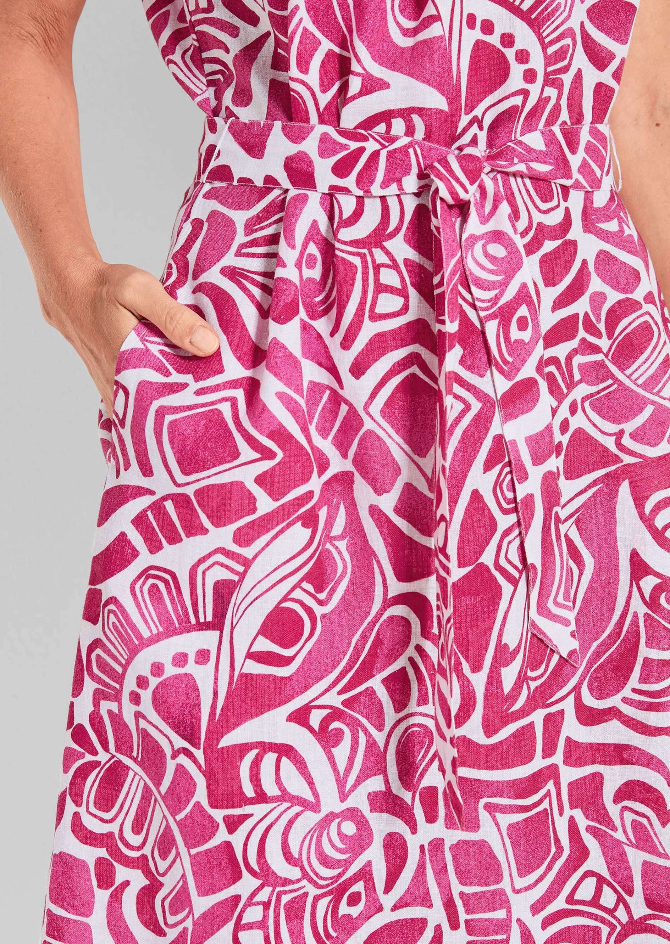GOLDNER »Kurzgröße Leinenkleid Ethno, Halbarm« Eingrifftaschen Mit Bindegürtel und Taschen