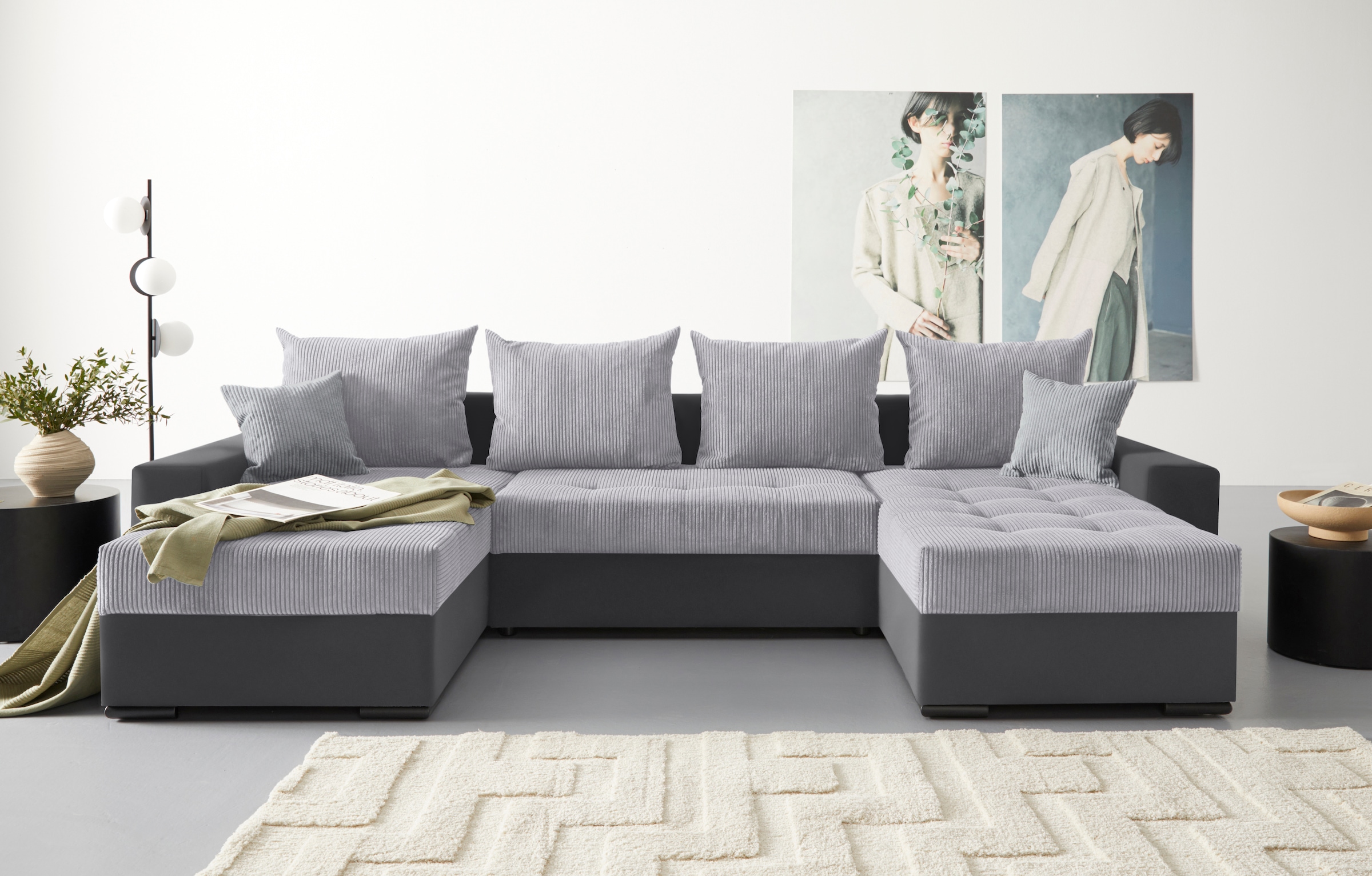 COLLECTION AB Wohnlandschaft »Josy U-Form«, mit Schlaffunktion, Bettkasten und Zierkissen, mit 2 Recamieren