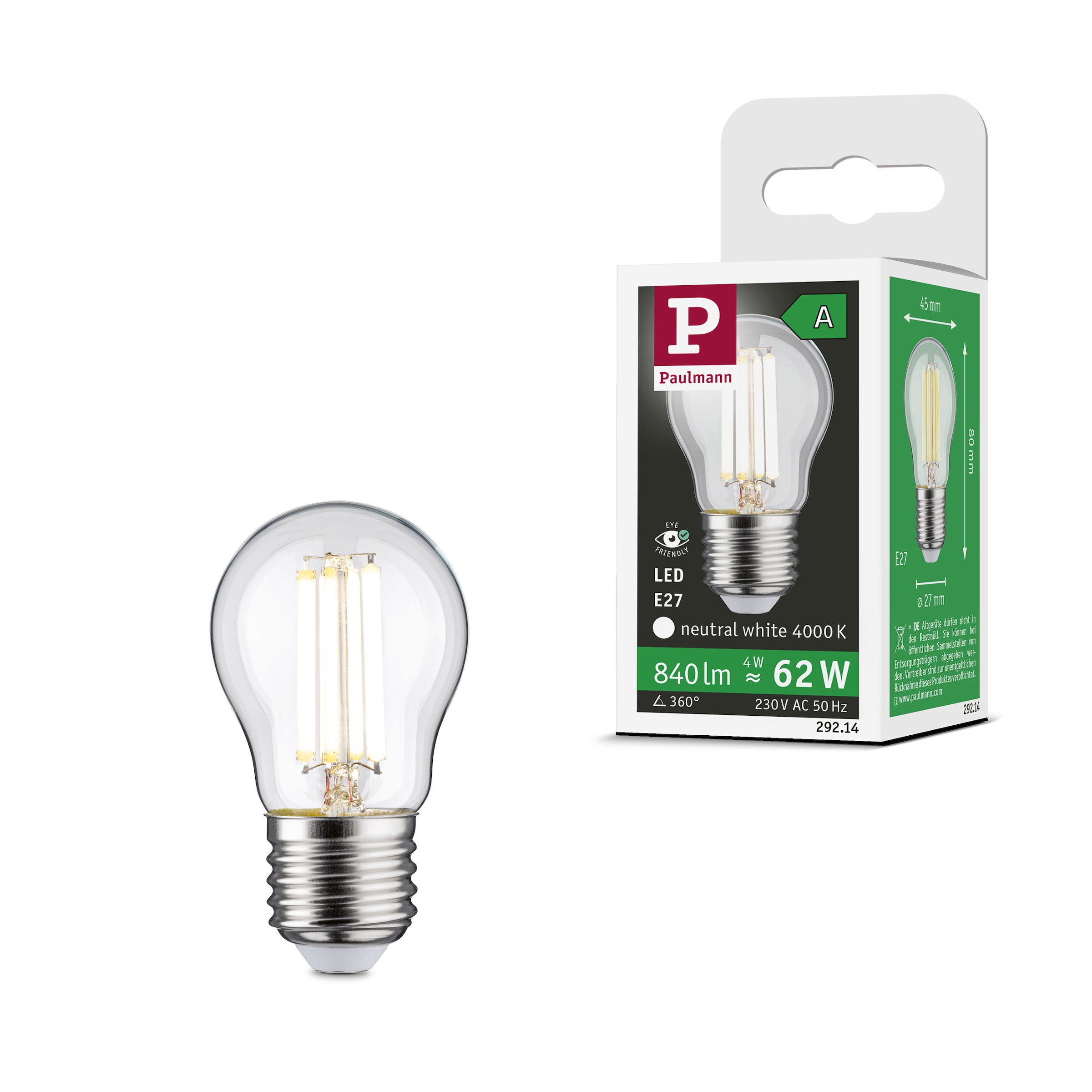 Paulmann LED-Leuchtmittel »Eco-Line Tropfen 840lm 4W 4000K klar 230V« E27 1 Stk. Neutralweiß