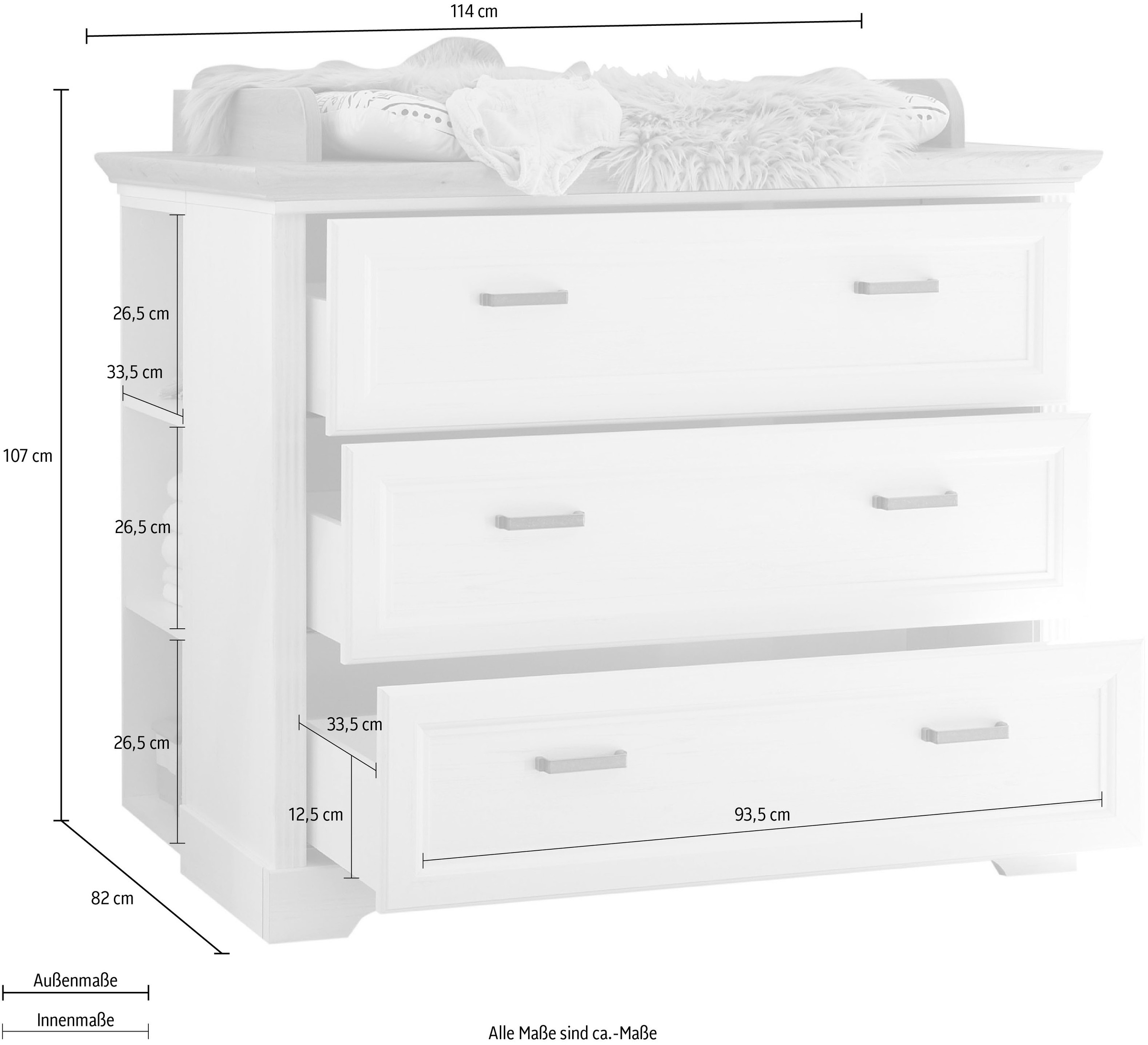 Begabino Wickelkommode »Jasmin Kommode mit Wickelaufsatz«, bis 15 kg, im Landhausstil, Kommode mit 3 Schubkästen, 114 cm