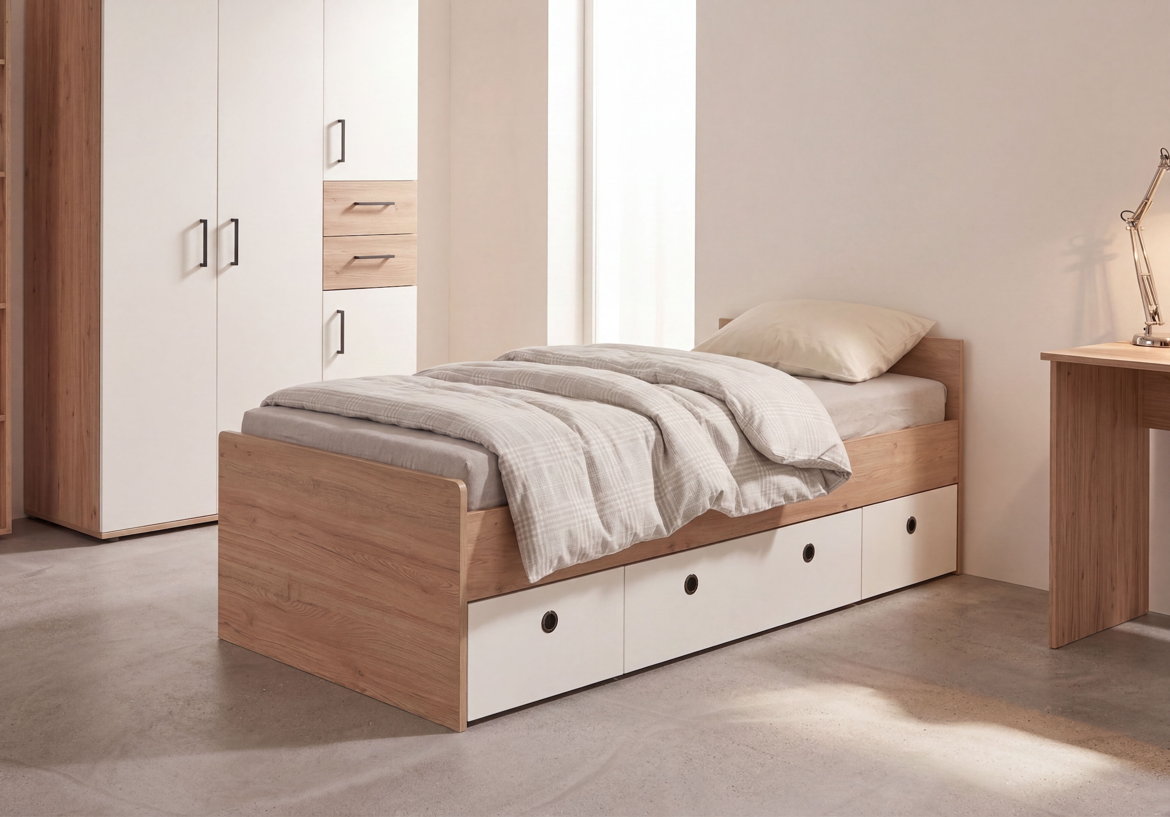 arthur berndt Jugendzimmer-Set »Jugendzimmer-Set »Bente« 5-teilig« 2tlg, 3tlg, 5tlg -Schrank, Bett, Schreibtisch, Sideboard, Standregal, 3 tlg. Artisan Oak Nb/Weiß