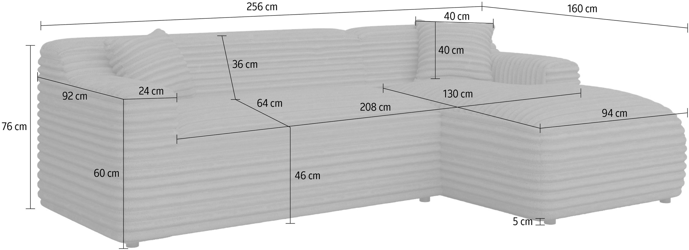 Home affaire Ecksofa »LILLIANA Designsofa, L-Form mit Recamiere rechts/links bestellbar«, L-Form mit Wellenunterfederung, Maße B/T/H: 256/160/76 cm