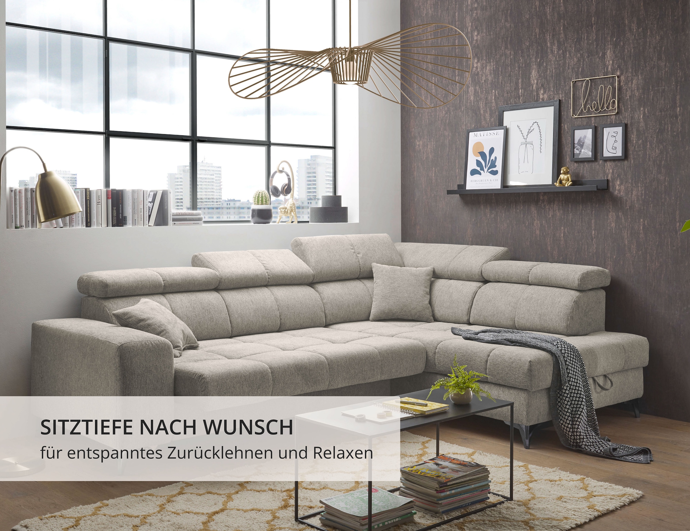 ED EXCITING DESIGN Ecksofa »Sydney L-Form« motorischer Sitztiefenverstellung, USB-Port & 2 Zierkissen