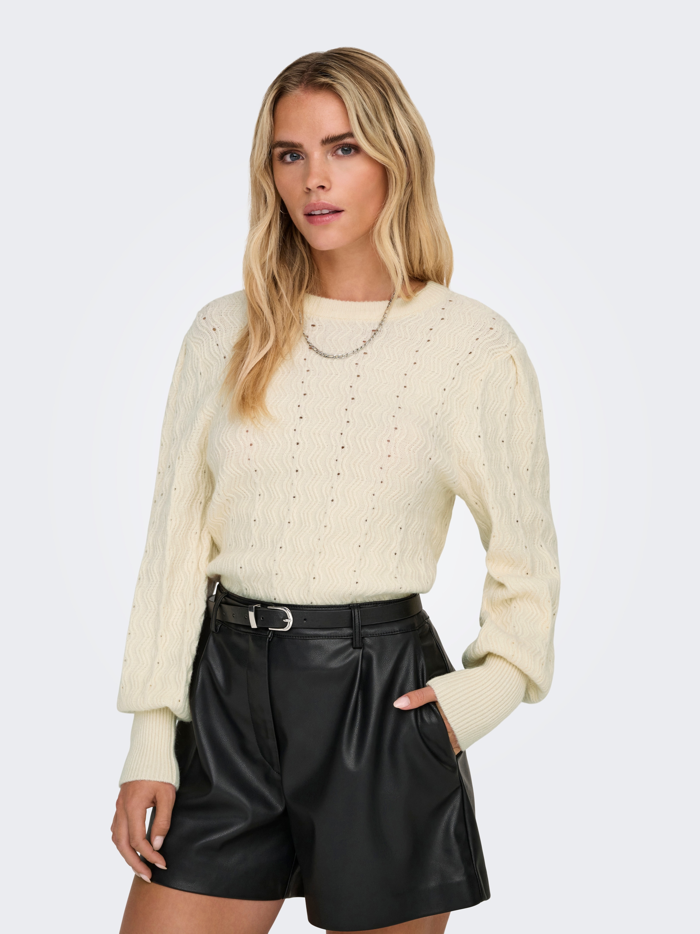 ONLY Rundhalspullover »ONLKATIA LS STRUC PUFF ONECK CC KNT« Materialmix, regular fit