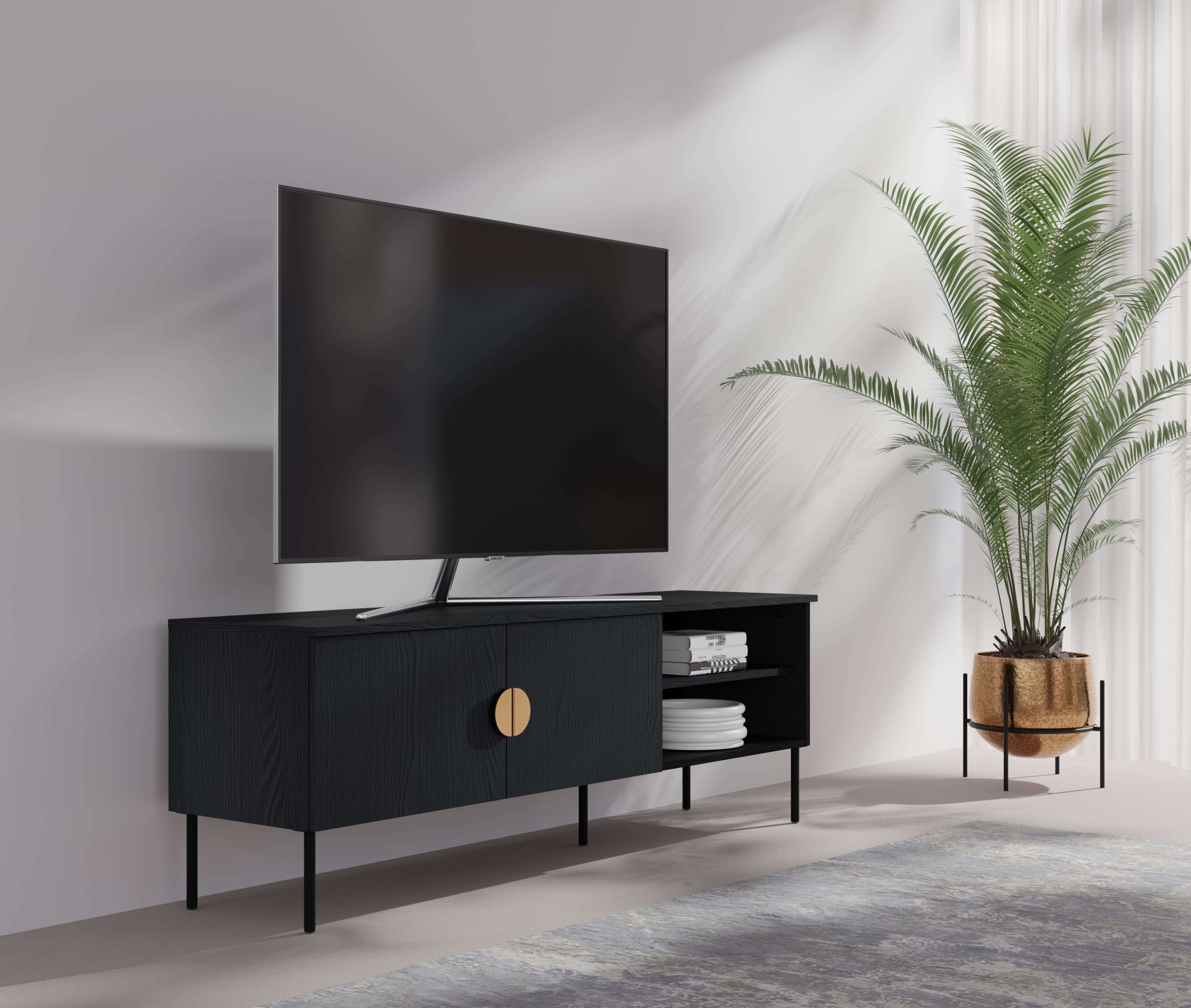Home affaire Lowboard »BELLOT TV-Schrank mit 2 Türen, Maße B/T/H: 160/40/53,6 cm«, (1 St.), schwarze Farbe, mit holzähnlicher Struktur