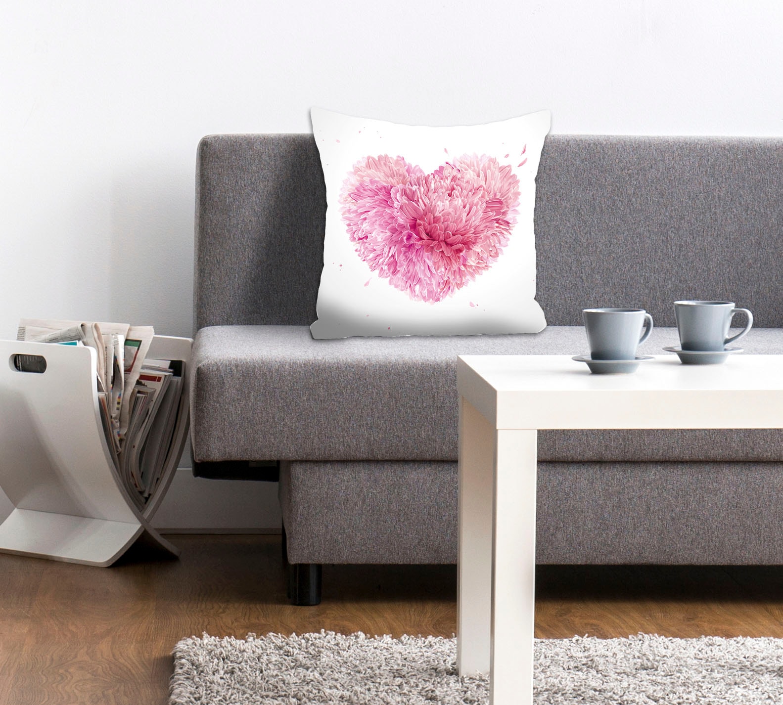 queence Dekokissen »Flower Heart«, Kissenhülle,Herz aus Blumen,Pink,Weißer Hintergrund,Romantisch
