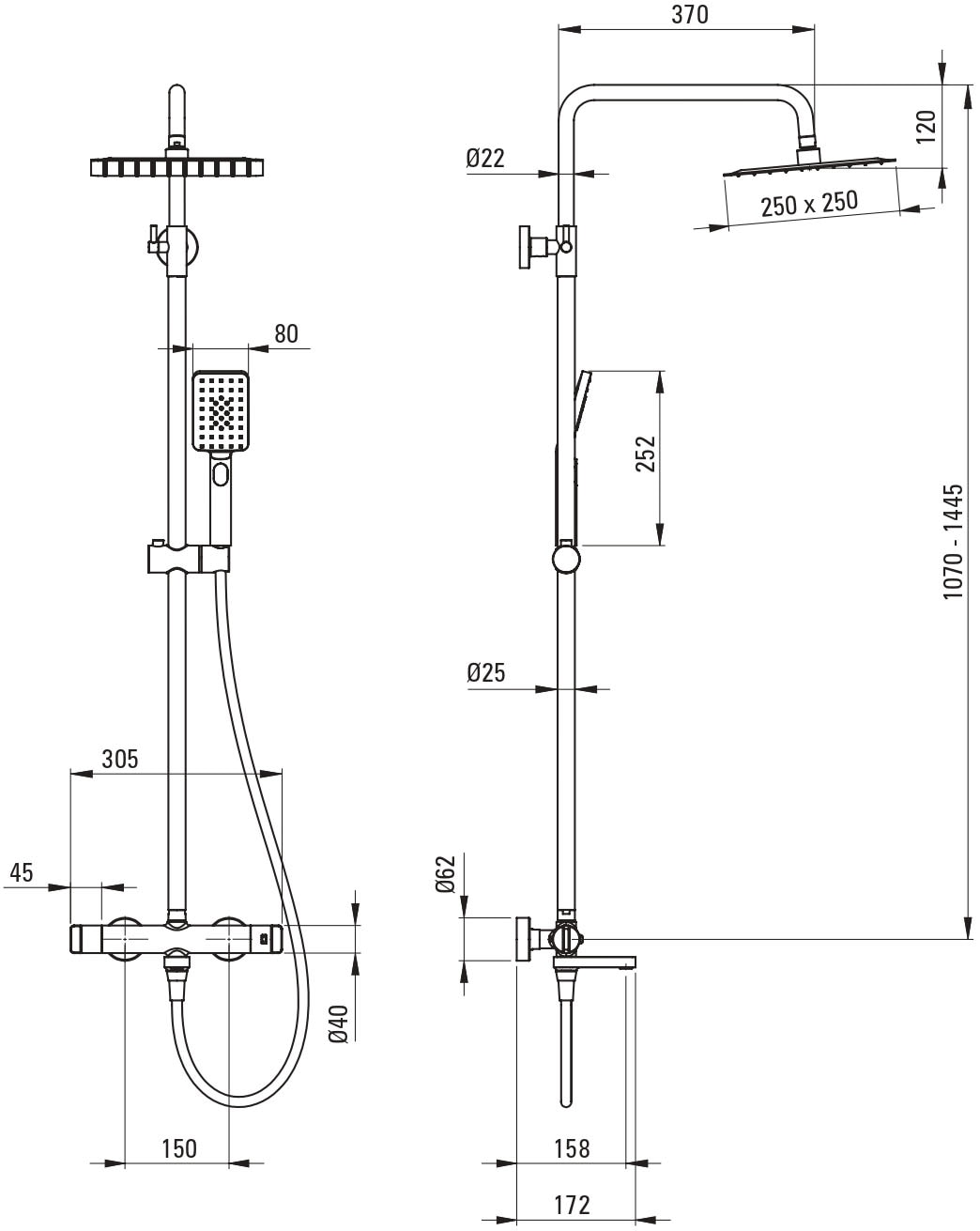 Deante Duschsystem »Duschbatterie, klappbarer Auslauf, thermostatisch«, Einstellbereich: 107-144, Temperatursperre 38˚C, Titanium-Beschichtung