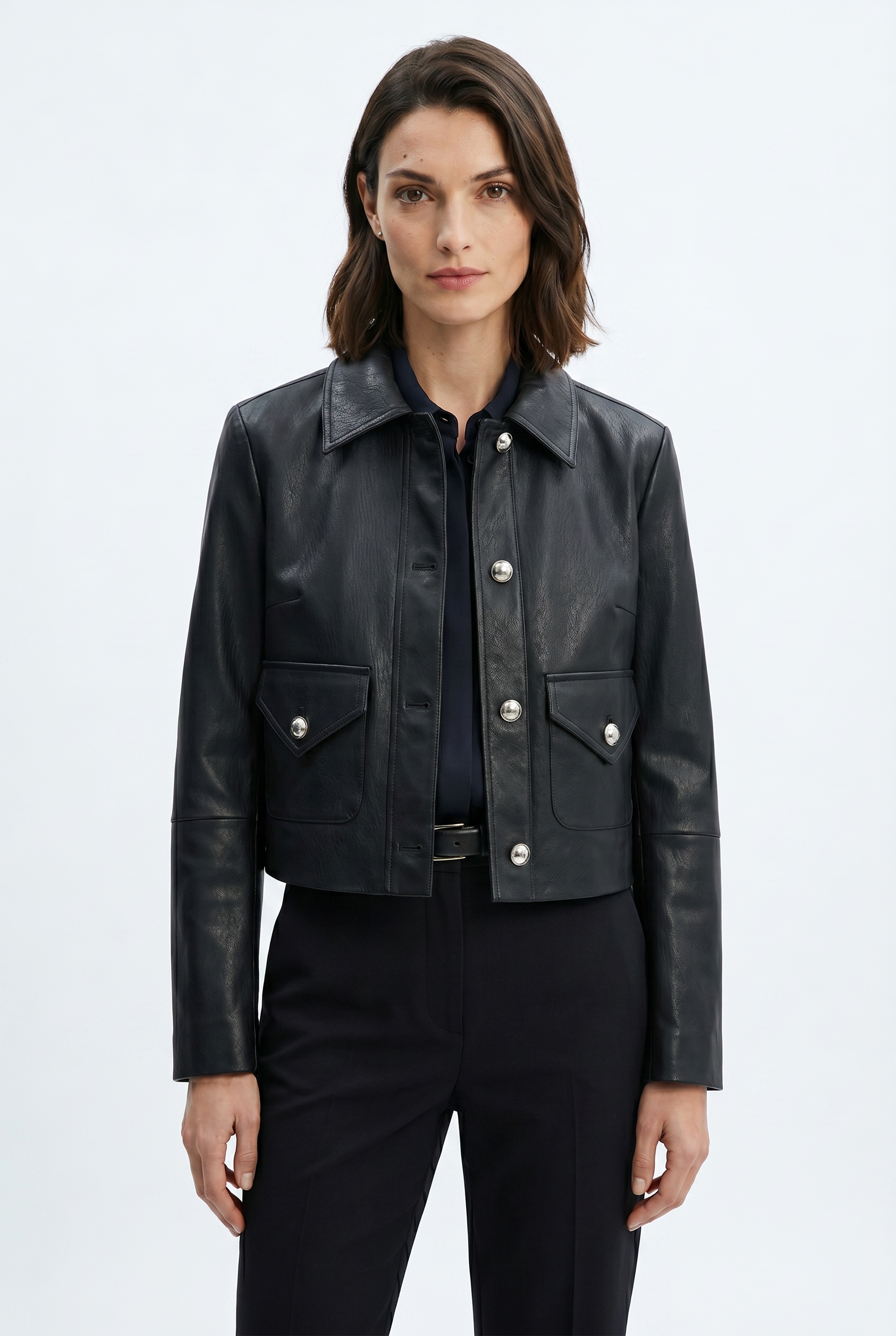 BOSS ORANGE Lederjacke »Sakara Premium Damenmode« mit Spitzkragen und Pattentaschen, Regular Fit