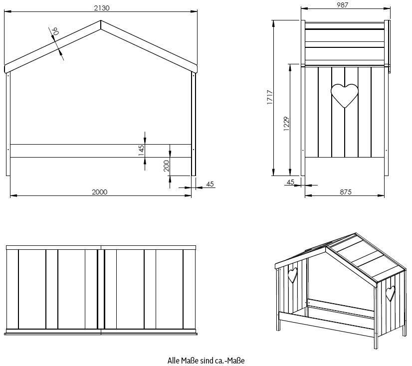 Vipack Hausbett »Amori, inkl. Dach, Rückseitig offen, mit Rolllattenrost«, (B/H/T ca. 213x171,7x98,7cm, verspielte Herz-Ausschnitte seitlich), Liegefläche 90 x 200 cm, ein Highlight im Kinderzimmer, weiß lackiert