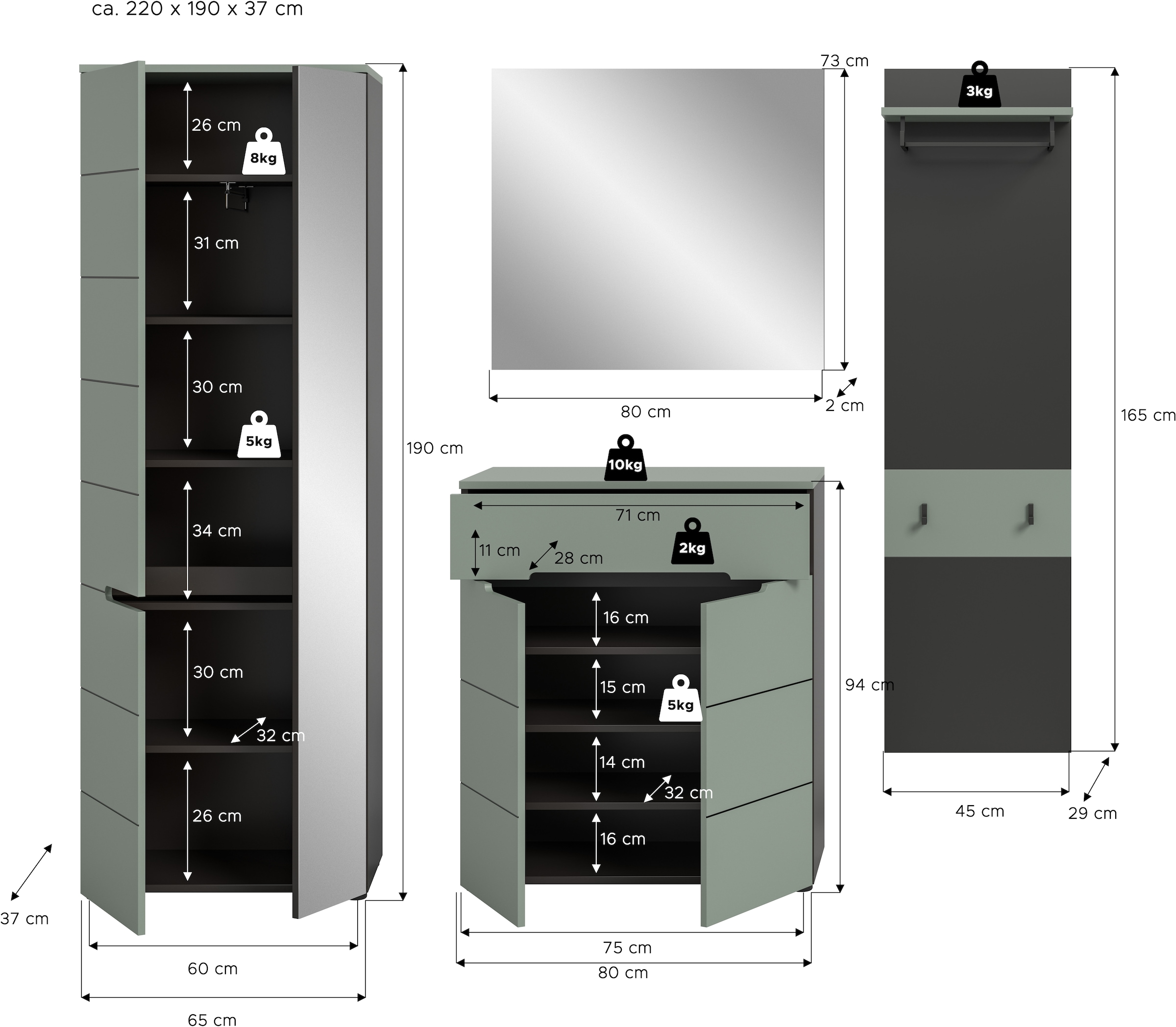 Home affaire Garderoben-Set »REHAT, TOPSELLER!, 4-teilig, Breite 220 cm, individuell erweiterbar« Set, bestehend aus: Garderobenschrank, Kommode, Spiegel & Garderobenpaneel, 4 Stk. tlg.