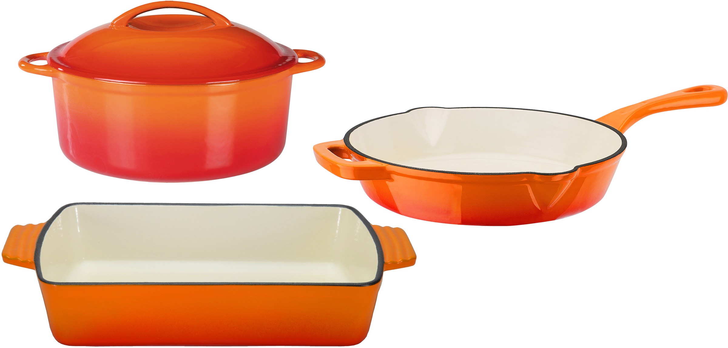 GSW Topf-Set "Orange Shadow" Set, 1x Kochtopf Ø 24 cm, 1x Bratpfanne Ø 26 cm, 1 Auflaufform 35x 21 cm, 4 Stk. tlg. Gusseisen