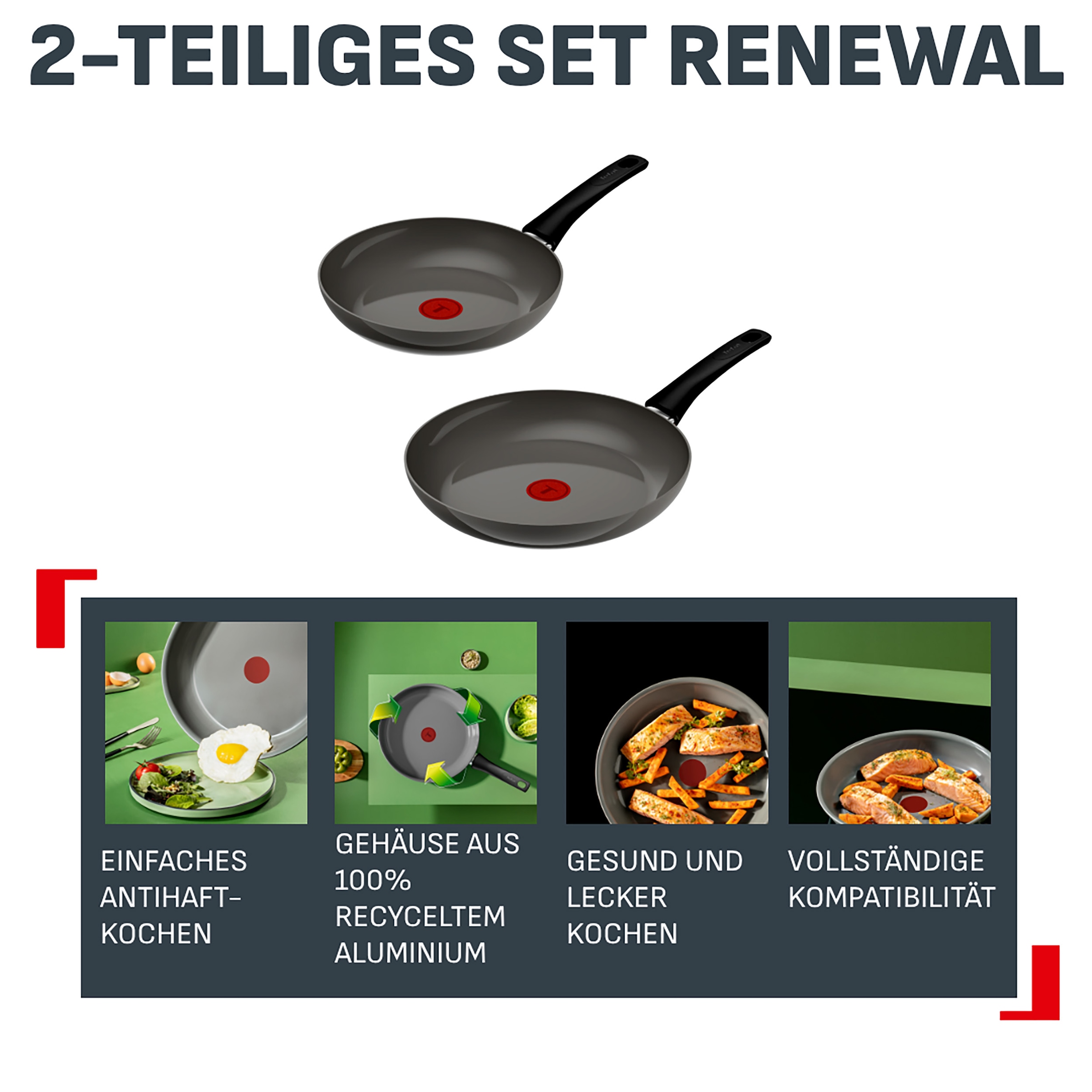 Tefal Pfannen-Set »Renewal« Aluminium Set, 2 tlg. Keramikbeschichtung, 100% recycelter Aluminiumkörper, Thermo-Signal