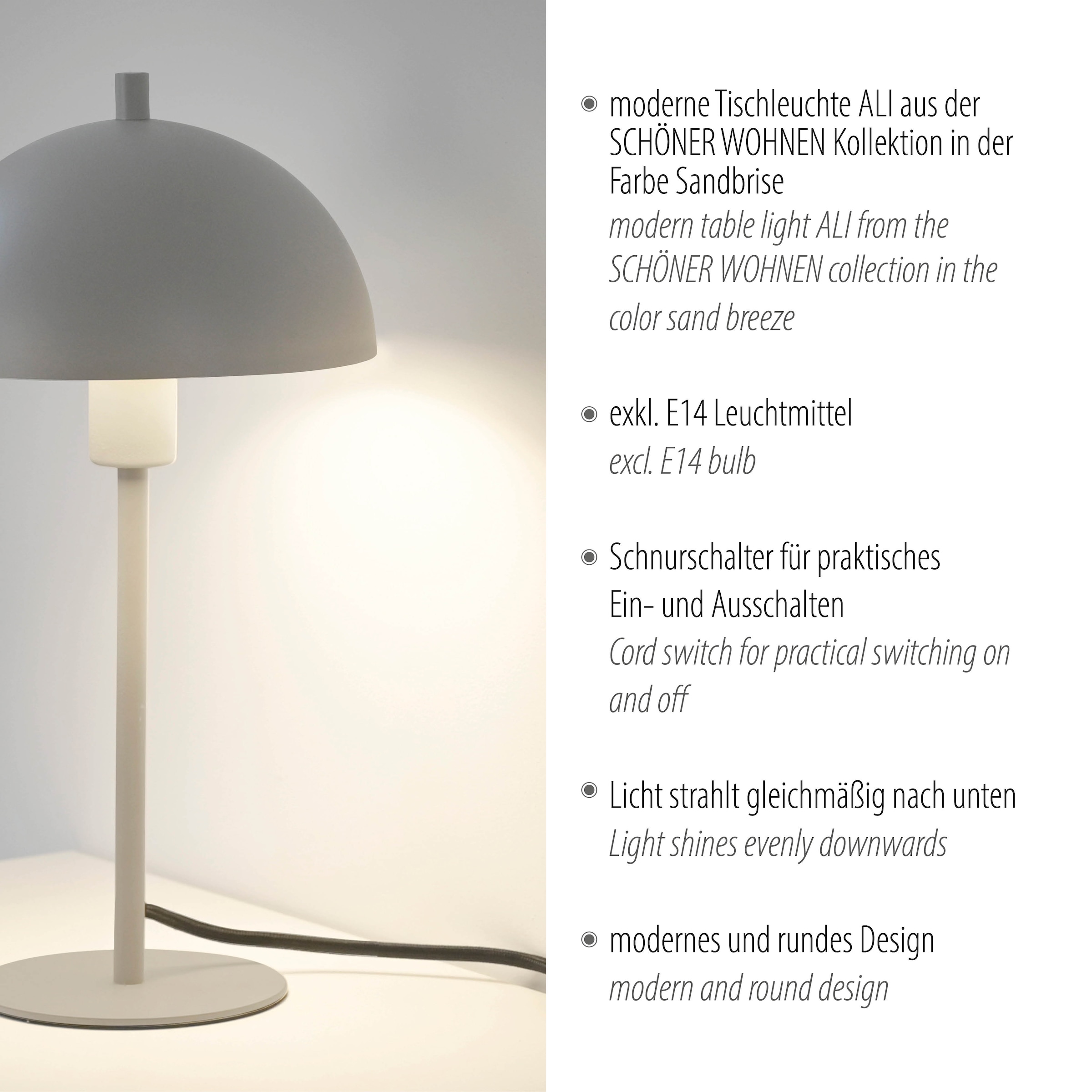SCHÖNER WOHNEN-Kollektion LED Tischleuchte »ALI« E14 1 Stk. SCHÖNER WOHNEN Kollektion, Schnurschalter, Downlight