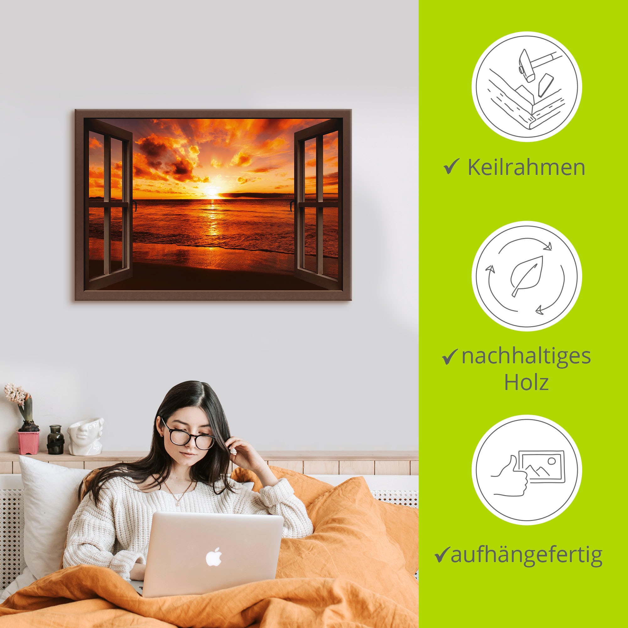 Artland Leinwandbild »Fensterblick Sonnenuntergang am Strand« Fensterblick 1 Stk. tlg. auf Holzrahmen gespannt