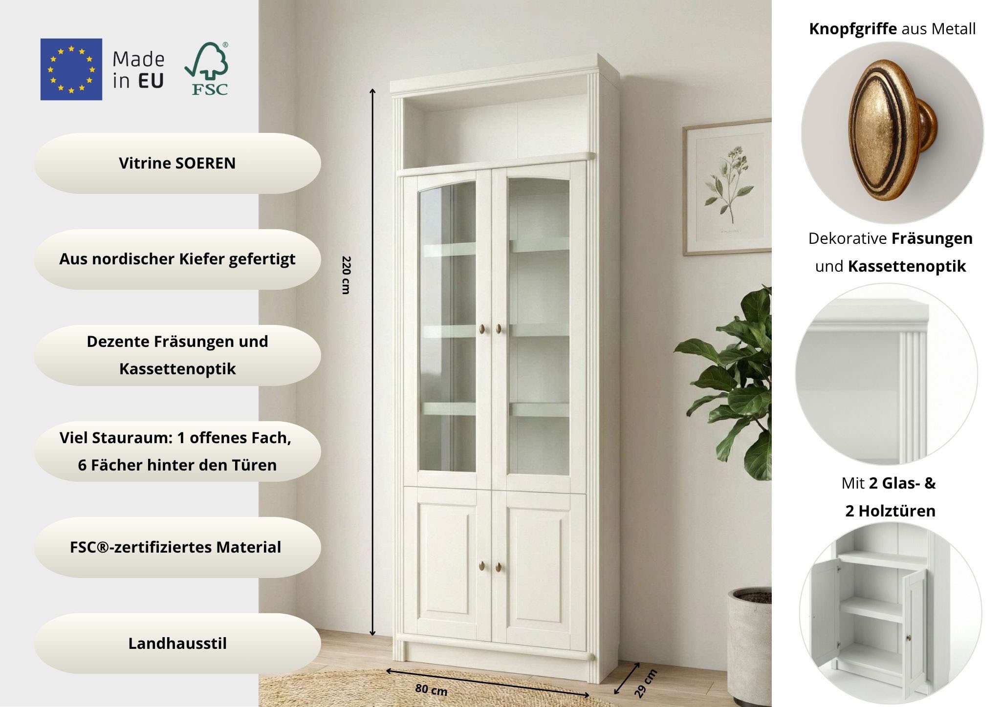 OTTO home Vitrine »Soeren Regal mit 2 Glastüren und 2 Holztüren, B/TH: 80/29/220 cm« Kiefer FSC®-zertifiziert, 1 offenes Fach, 6 Fächer hinter den Türen