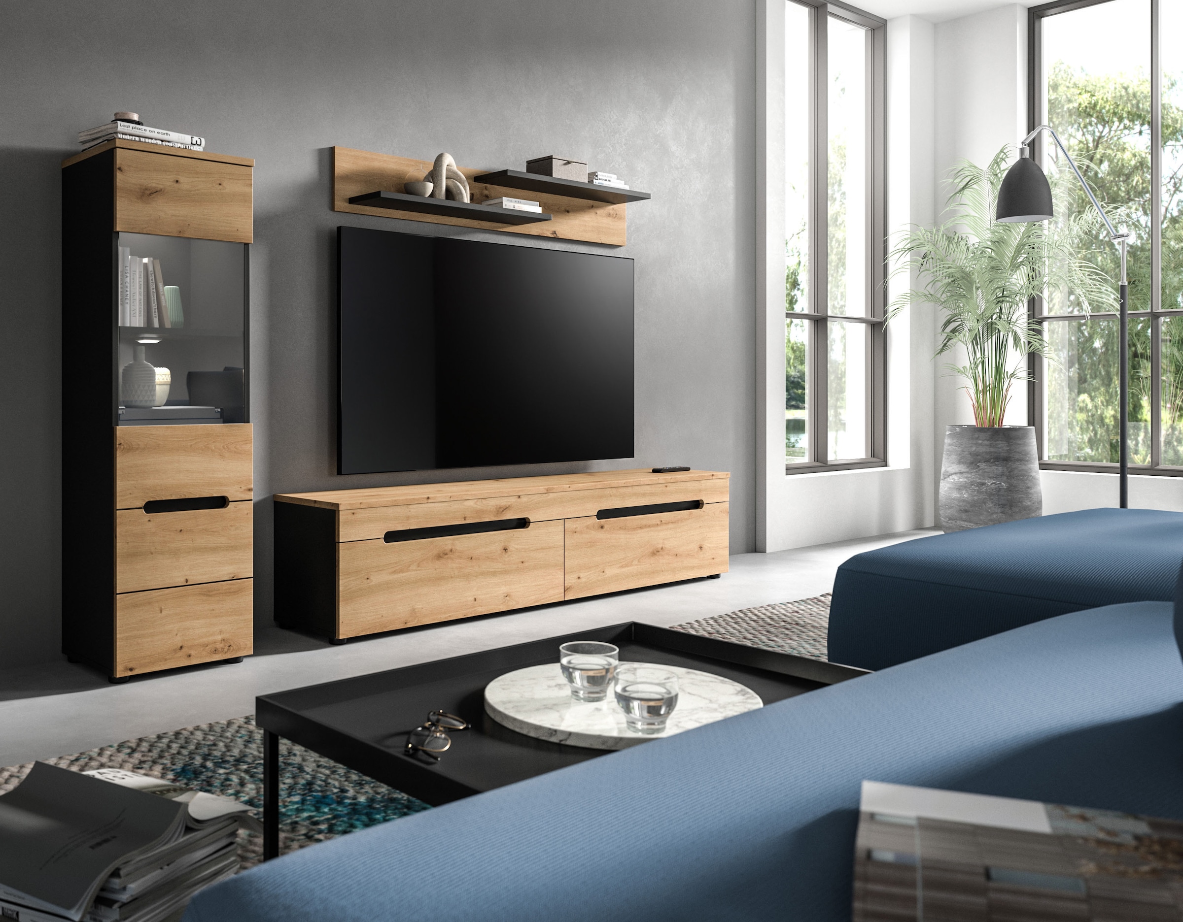 Home affaire Wohnwand »REHAT, TOPSELLER!, 3-teilig, inkl. Beleuchtung, stehend oder hängend« Set bestehend aus: Vitrine inkl. Beleuchtung, Lowboard und Wandboard, 3 Stk. tlg.